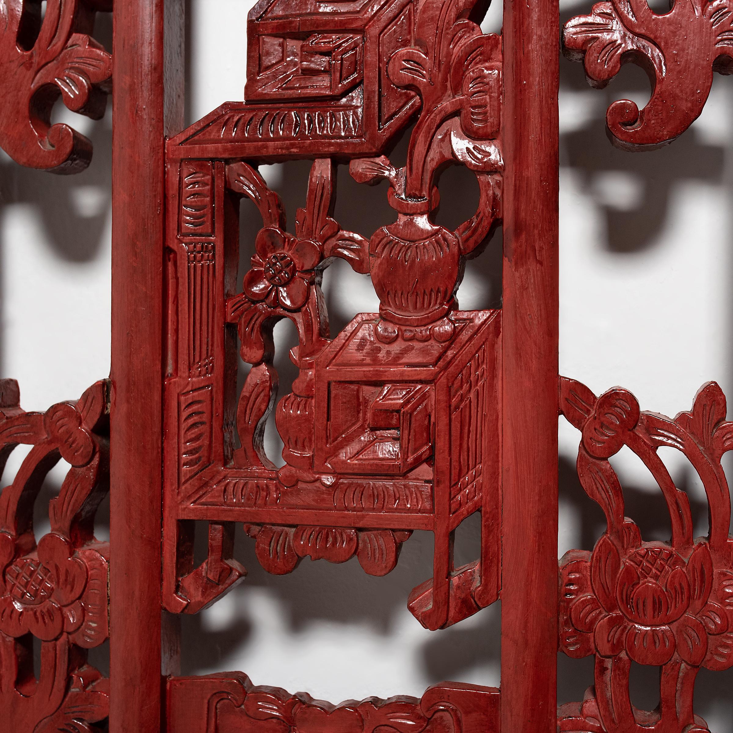 Pair of Chinese Red Lacquer Carved Panels, c. 1900 In Good Condition In Chicago, IL