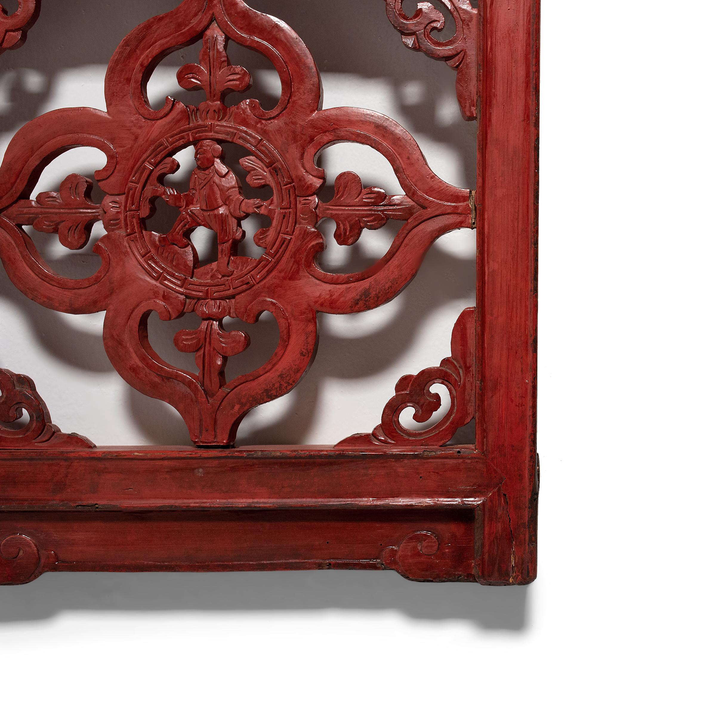 Wood Pair of Chinese Red Lacquer Carved Panels, c. 1900
