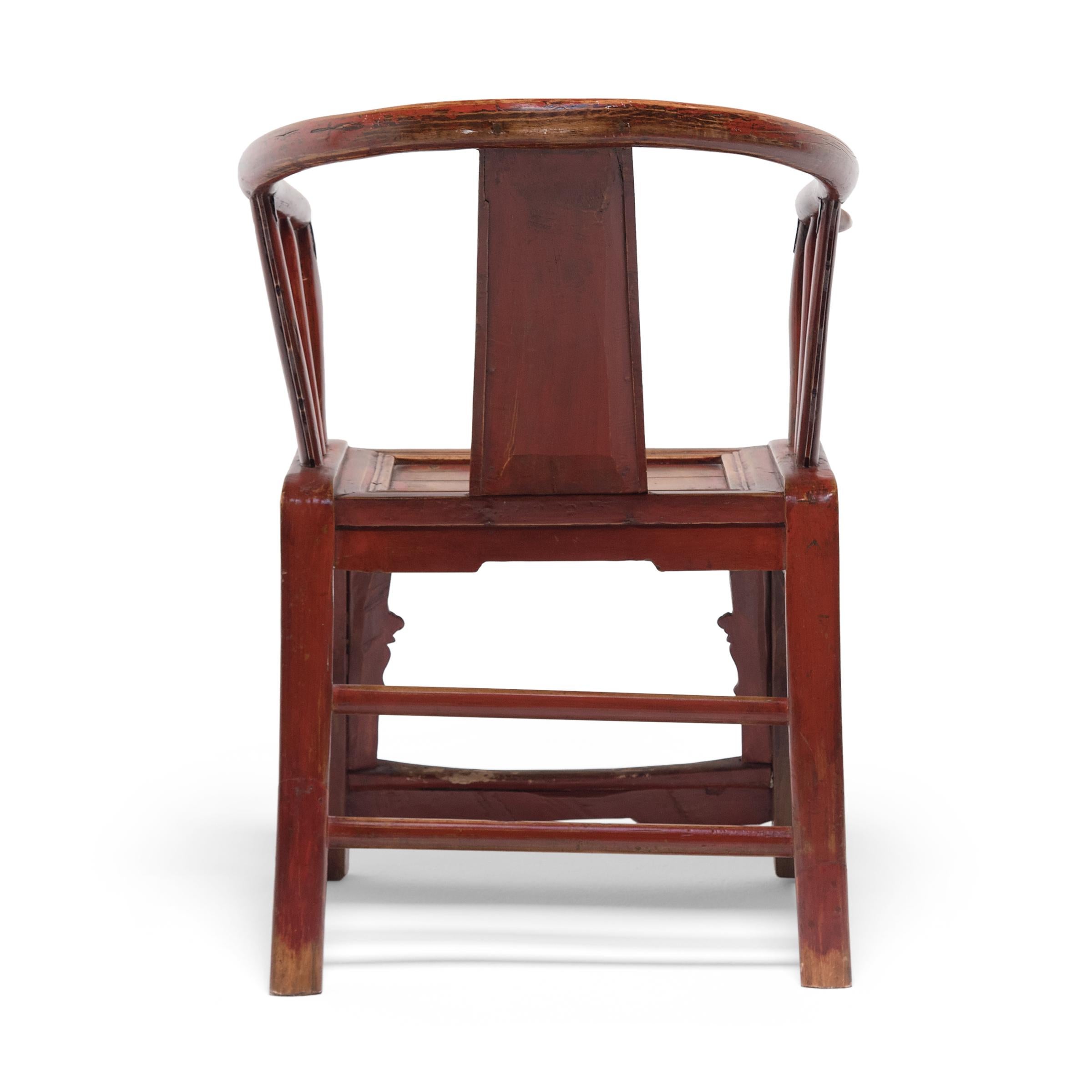 Lacquered Pair of Chinese Red Lacquer Roundback Chairs, circa 1900