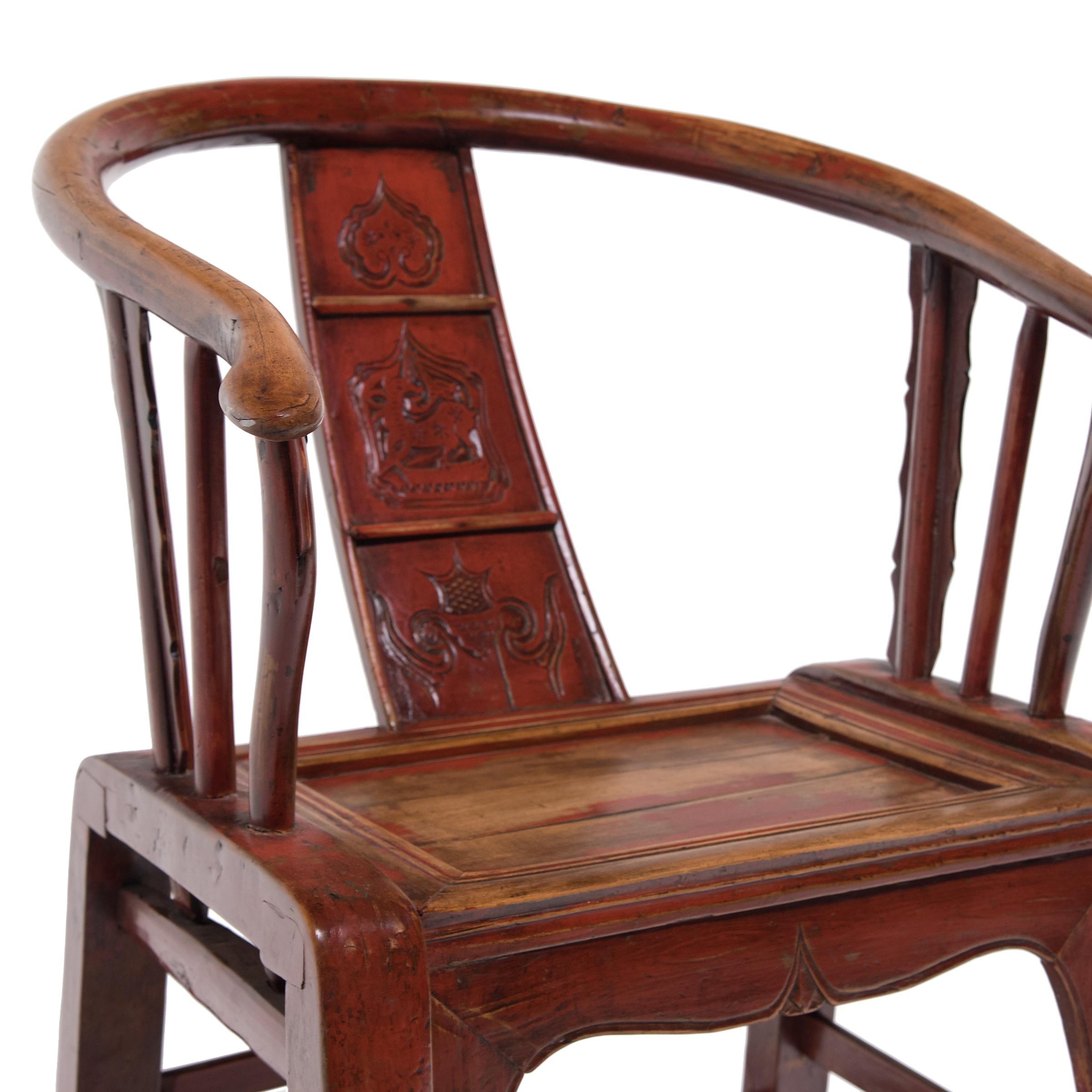 Elm Pair of Chinese Red Lacquer Roundback Chairs, circa 1900
