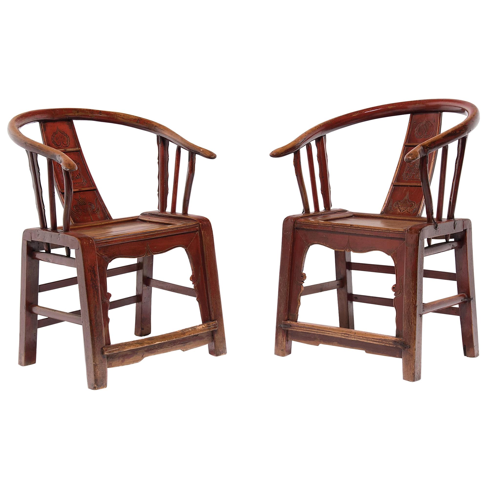 Pair of Chinese Red Lacquer Roundback Chairs, circa 1900