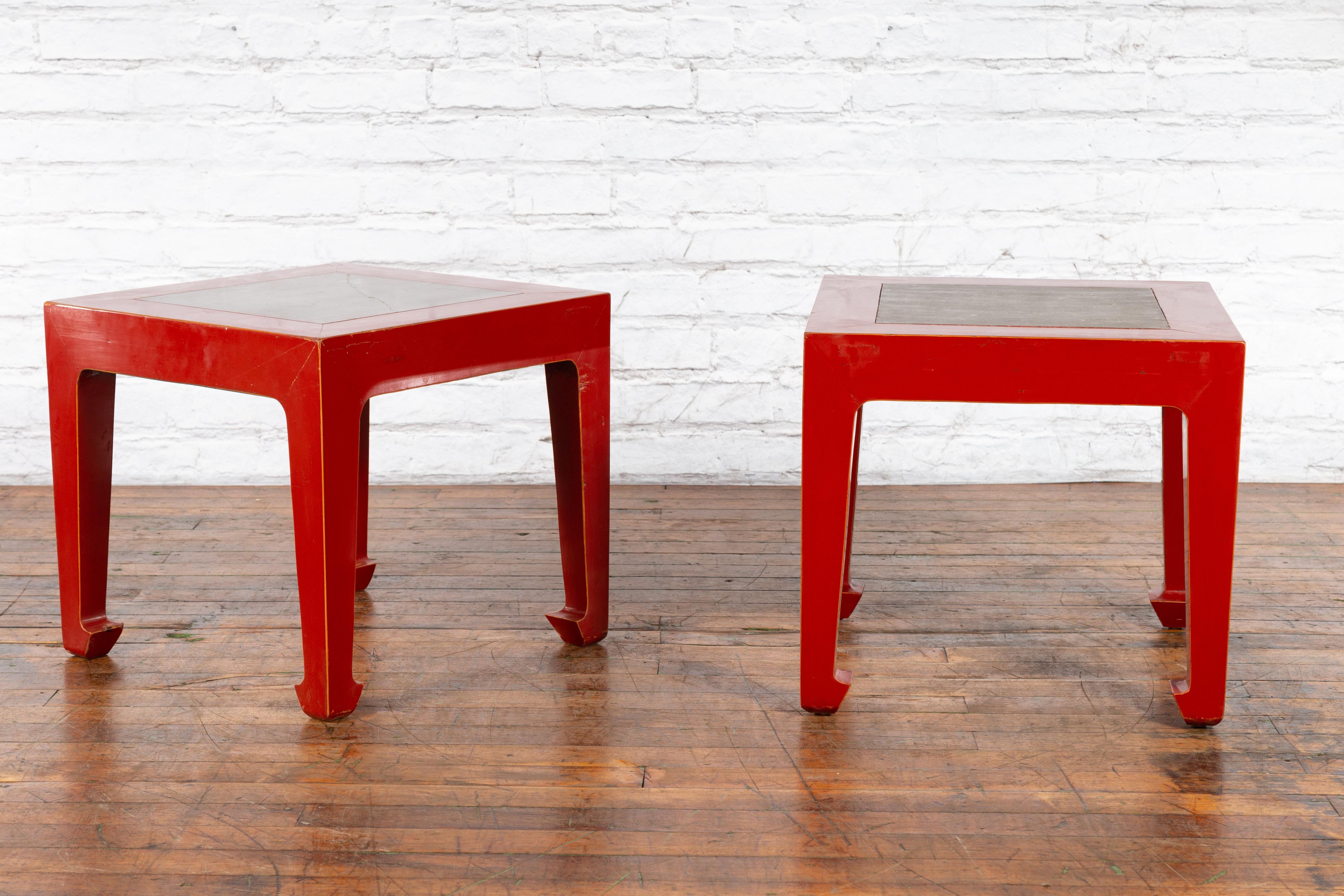 Pair of Chinese Red Lacquer Side Tables with Qing Dynasty Stone Garden Tiles For Sale 4