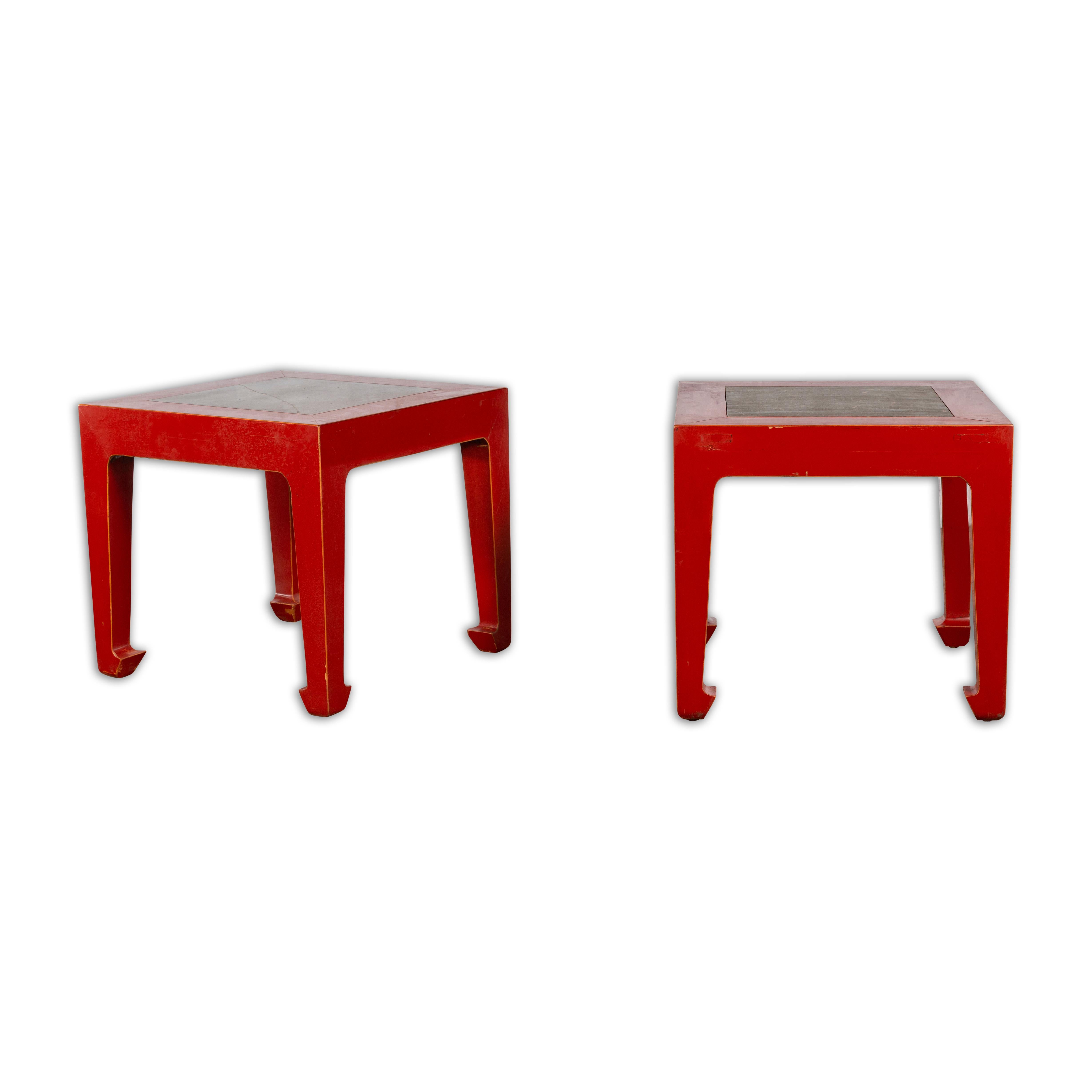 Pair of Chinese Red Lacquer Side Tables with Qing Dynasty Stone Garden Tiles For Sale 6