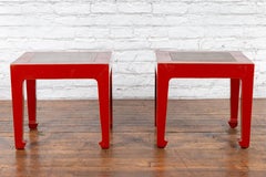 Pair of Red Lacquer Side Tables with Qing Dynasty Stone Garden Tiles
