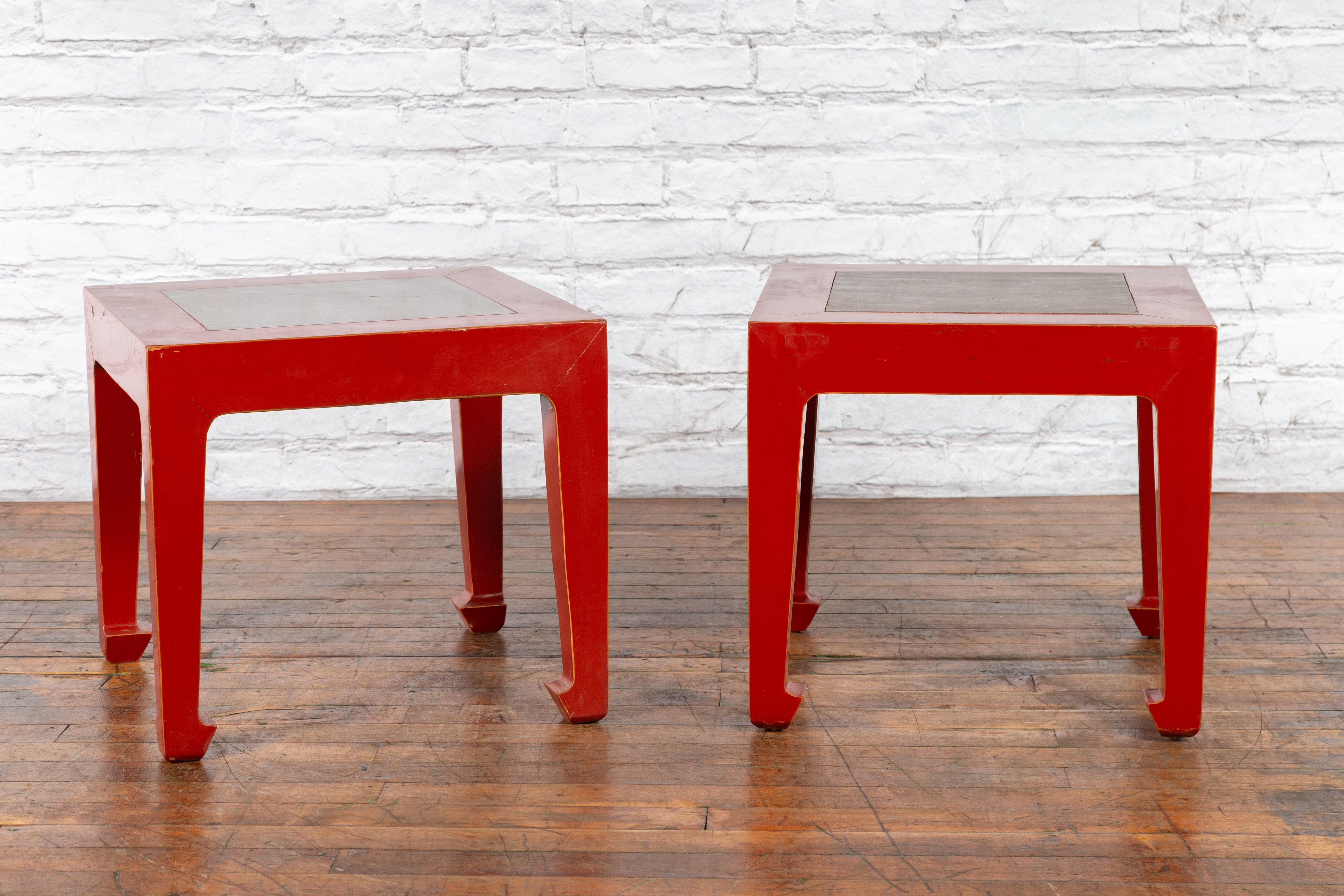Mid-Century Modern Pair of Chinese Red Lacquer Side Tables with Qing Dynasty Stone Garden Tiles For Sale