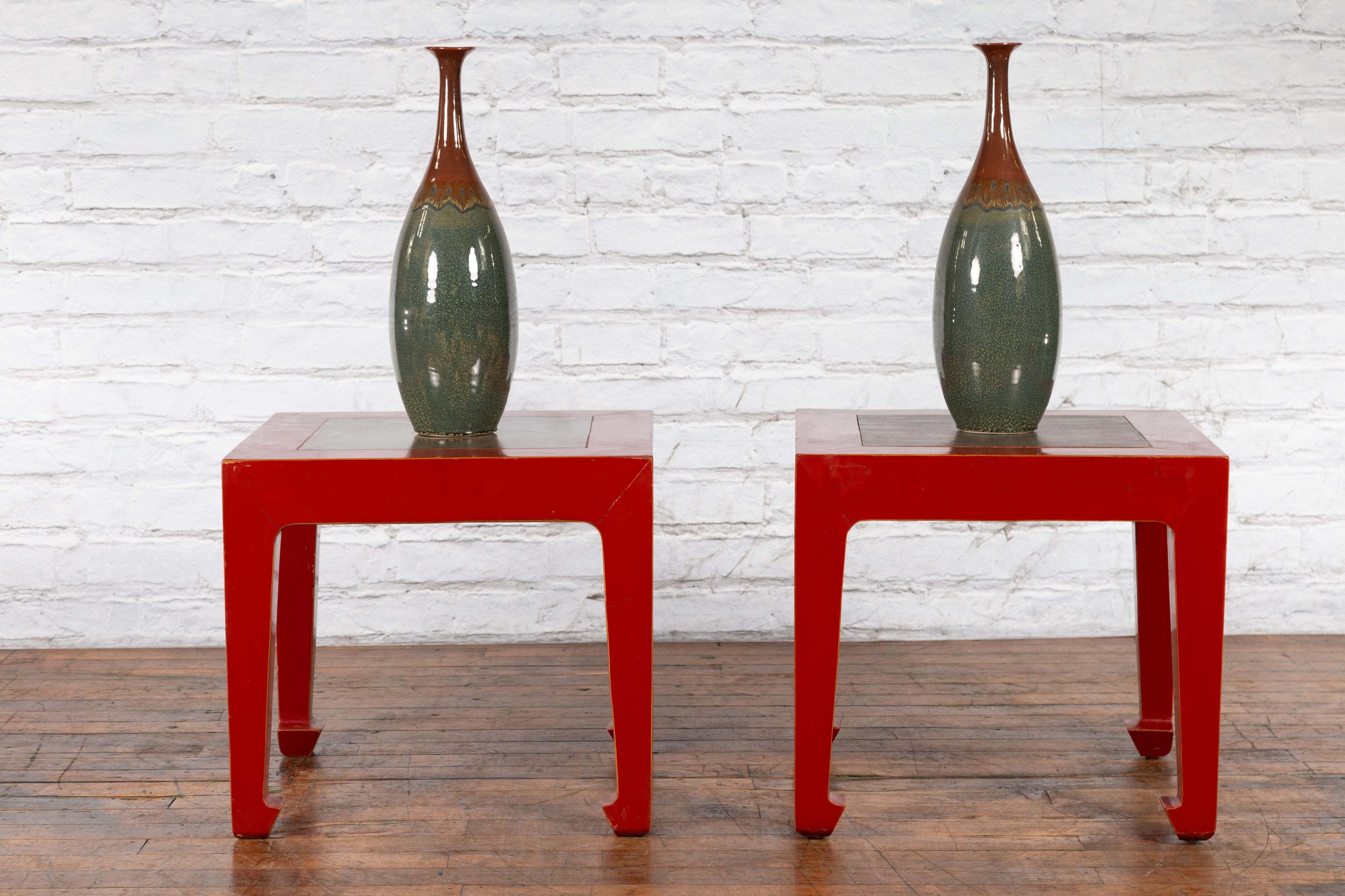 Lacquered Pair of Chinese Red Lacquer Side Tables with Qing Dynasty Stone Garden Tiles For Sale