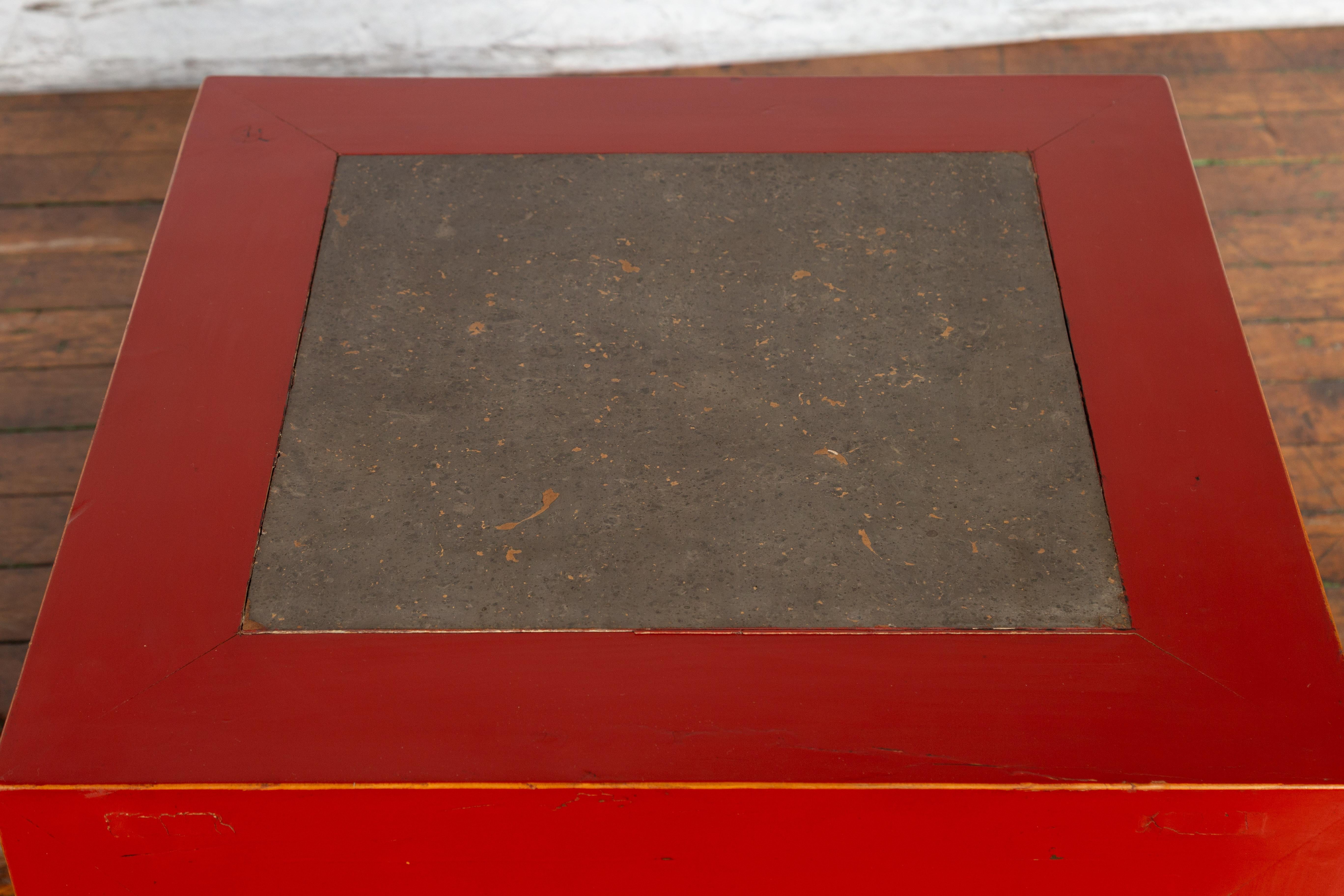 Pair of Chinese Red Lacquer Side Tables with Qing Dynasty Stone Garden Tiles In Good Condition For Sale In Yonkers, NY