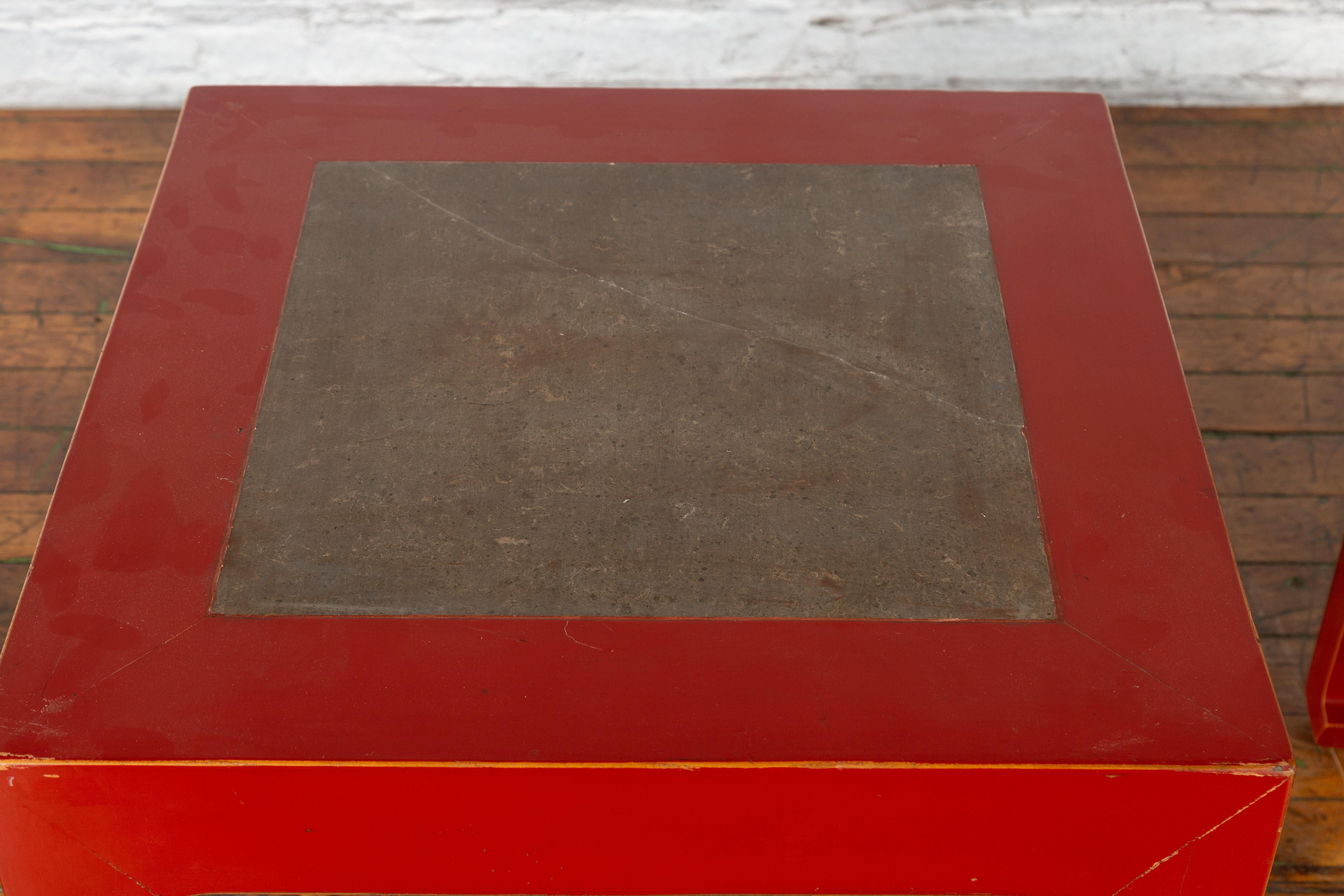 20th Century Pair of Chinese Red Lacquer Side Tables with Qing Dynasty Stone Garden Tiles For Sale