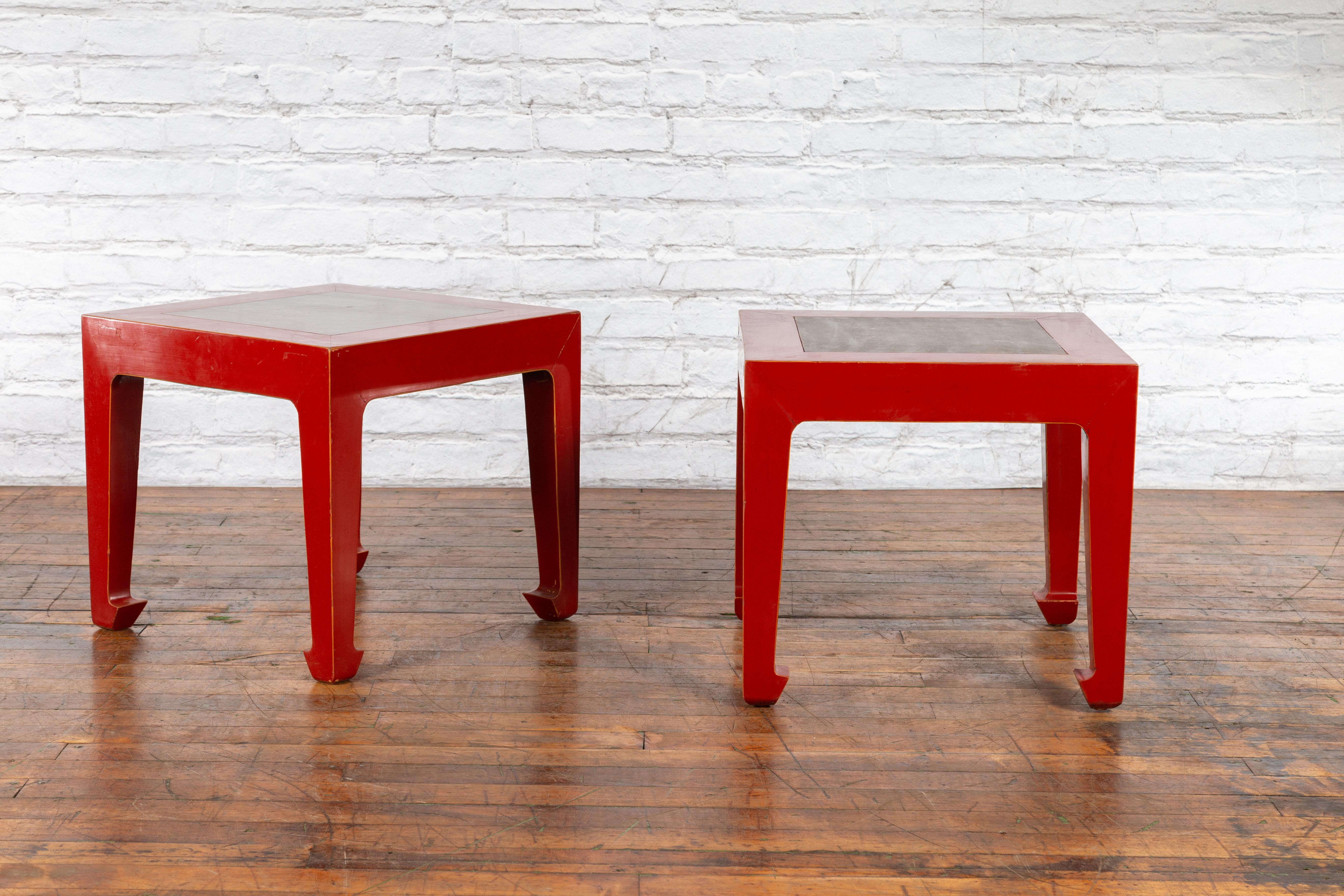 Pair of Chinese Red Lacquer Side Tables with Qing Dynasty Stone Garden Tiles For Sale 1