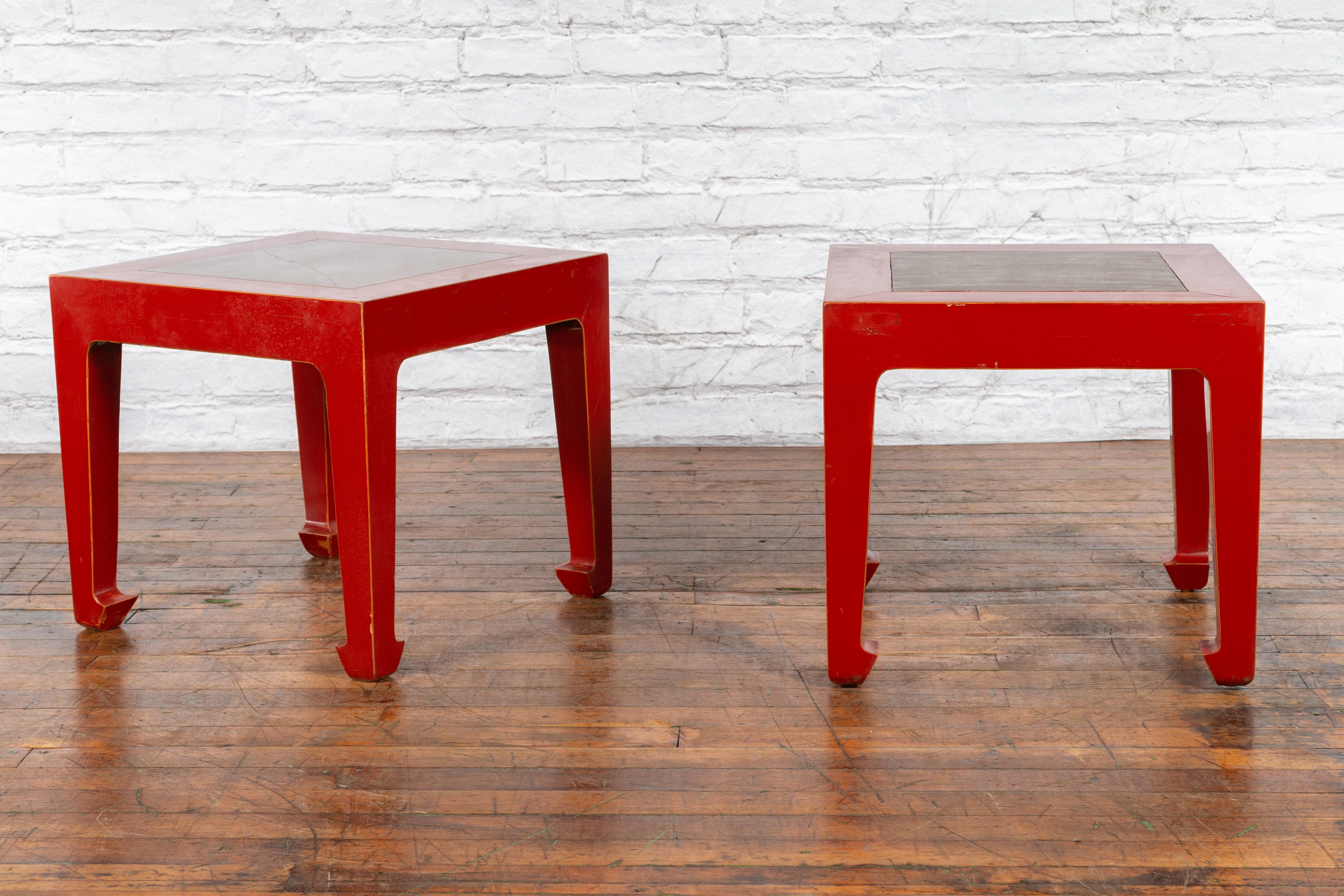 Pair of Chinese Red Lacquer Side Tables with Qing Dynasty Stone Garden Tiles For Sale 2