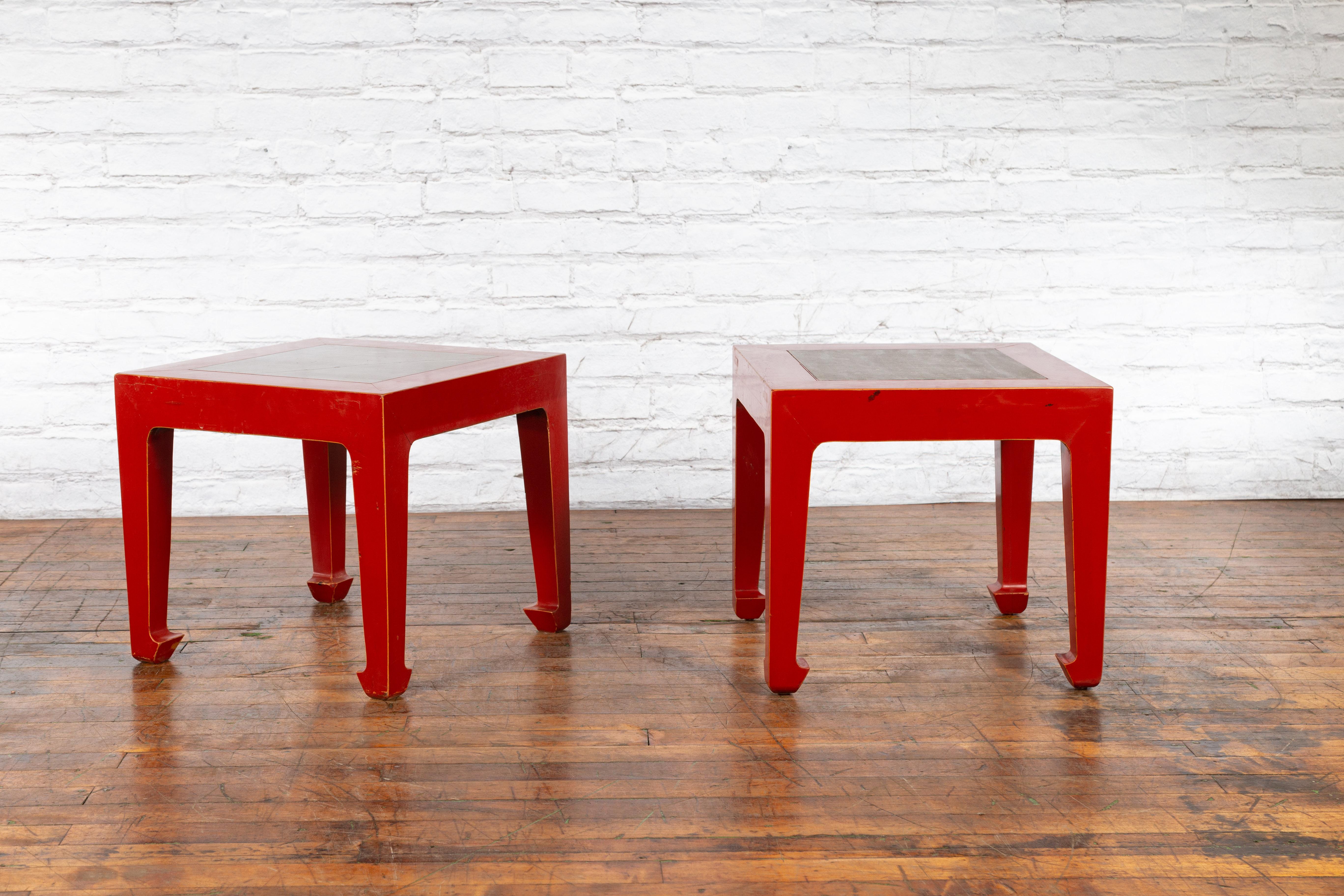 Pair of Chinese Red Lacquer Side Tables with Qing Dynasty Stone Garden Tiles For Sale 3