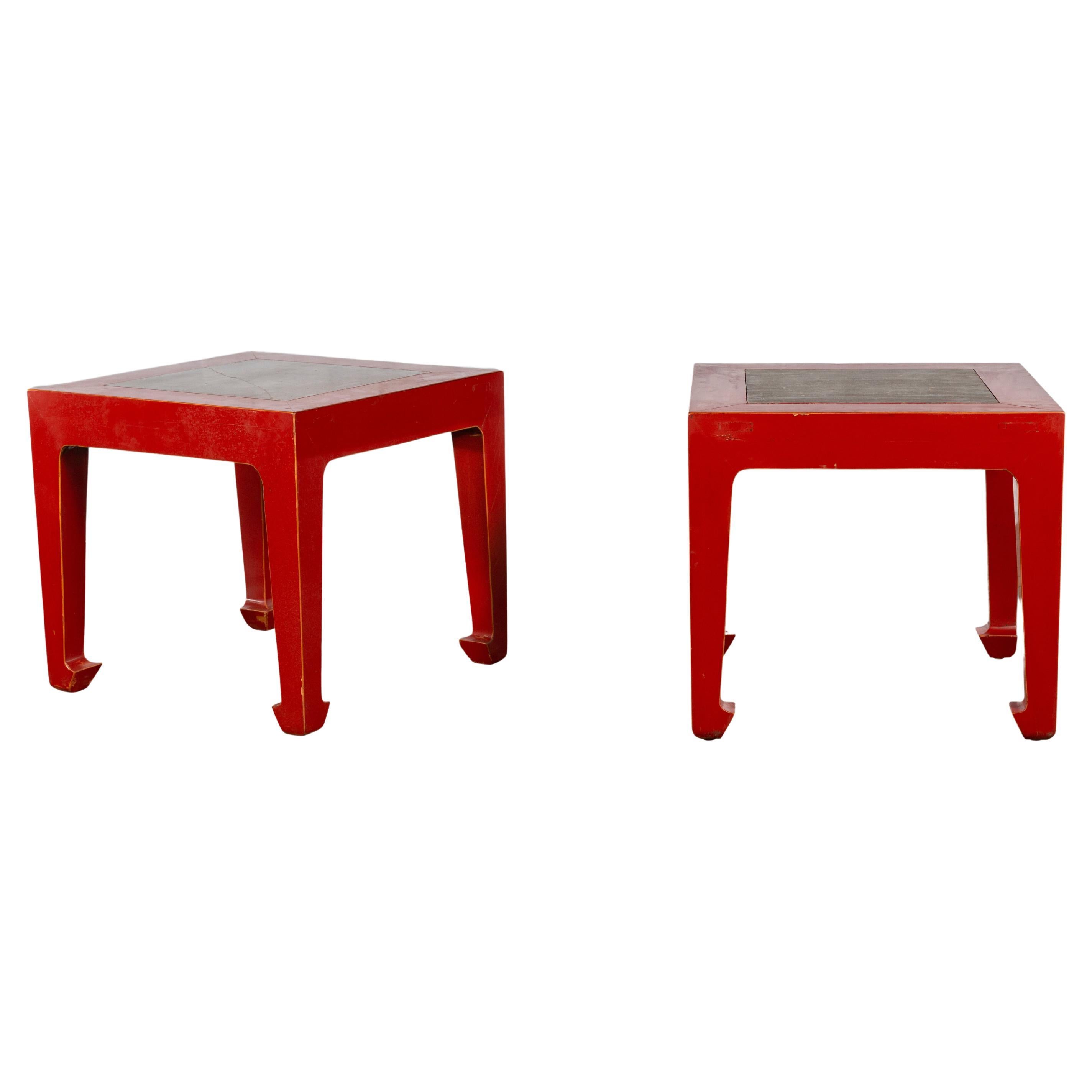 Pair of Chinese Red Lacquer Side Tables with Qing Dynasty Stone Garden Tiles For Sale
