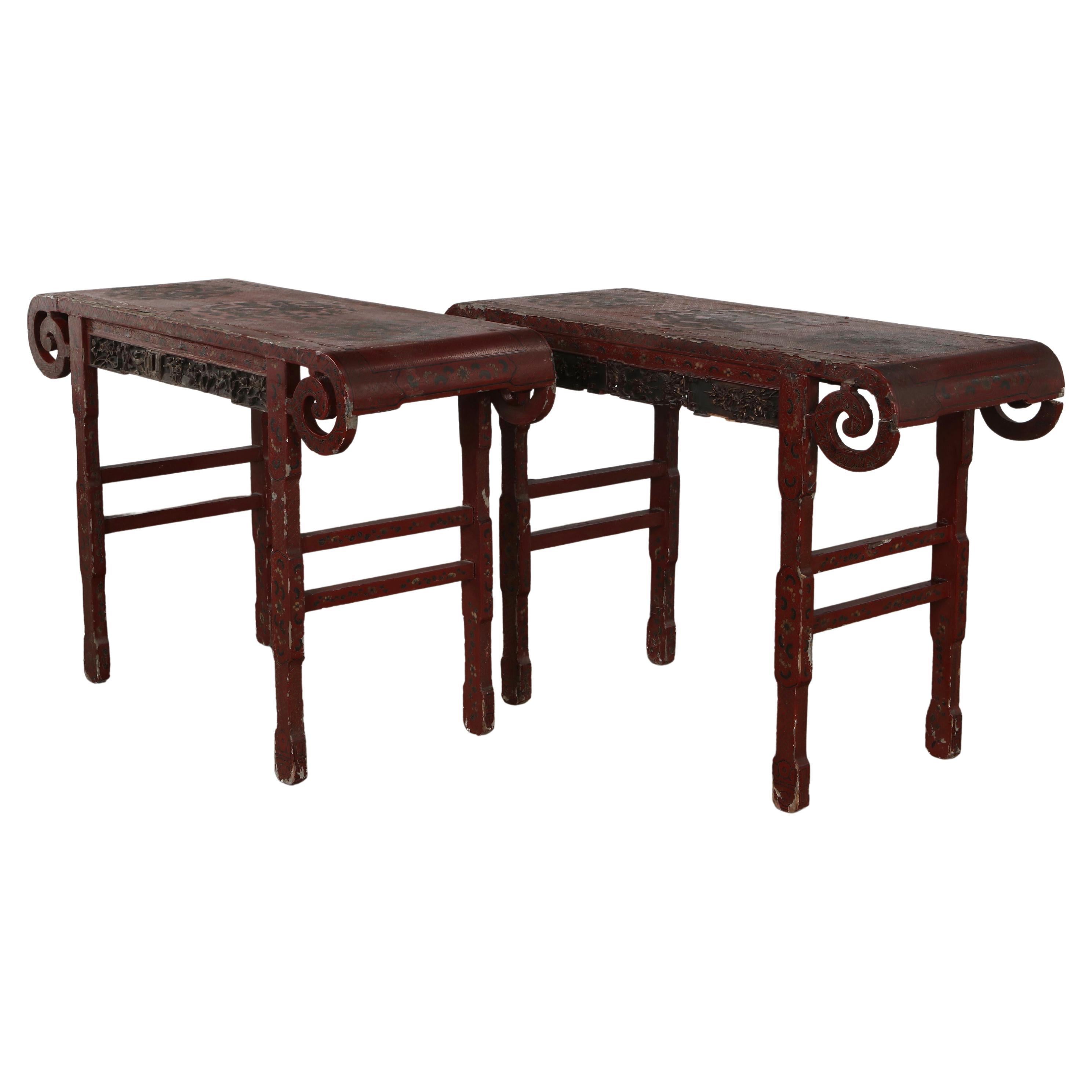 Pair of Chinese Red-Lacquered Altar Console Tables with Curves Edgeless For Sale