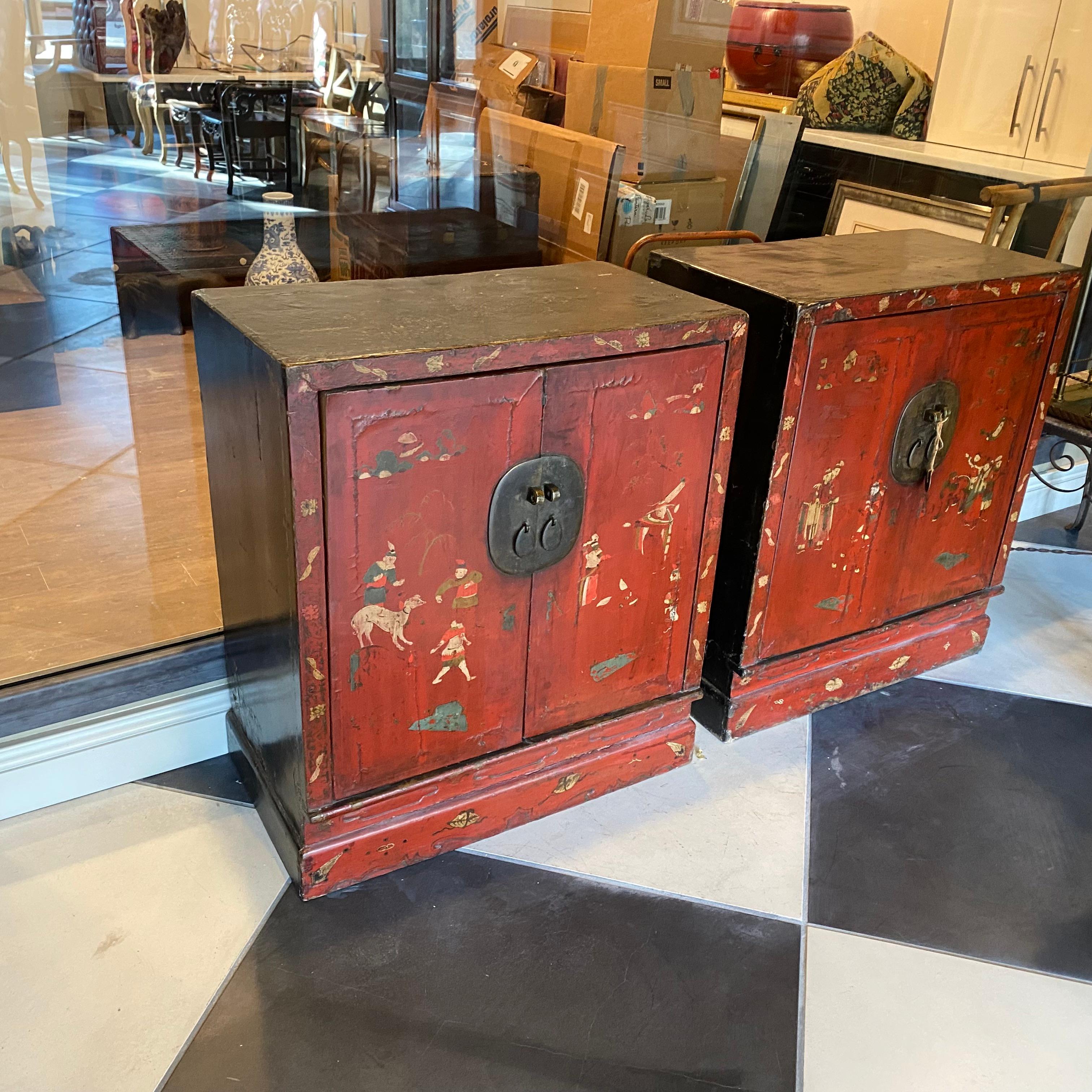 This Pair of Red Lacquered CABINETS having 2 doors each, are hand made and red lacquered 