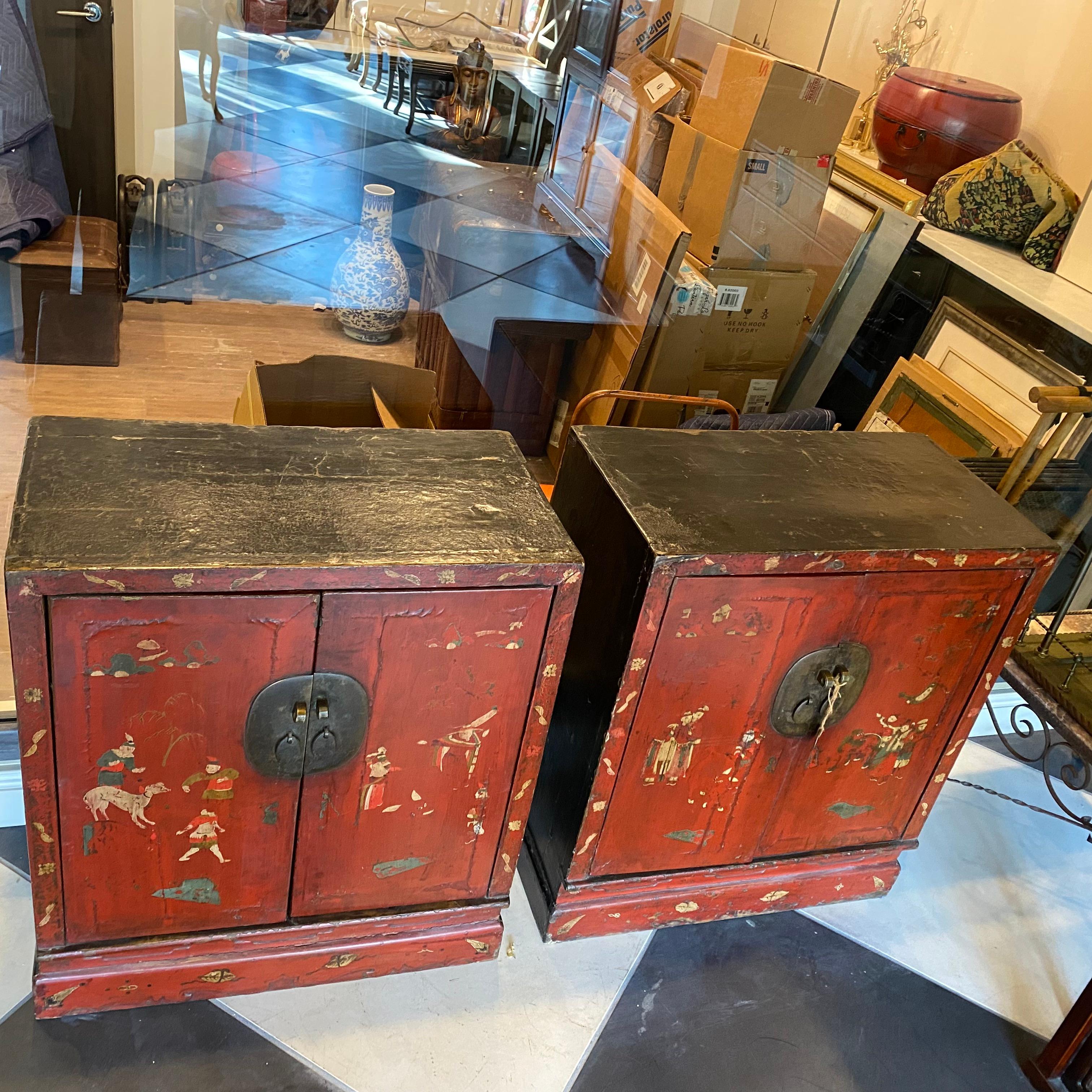 Chinese Export Pair of Chinese Red Lacquered Chinoiserie fronts Cabinets/Chest