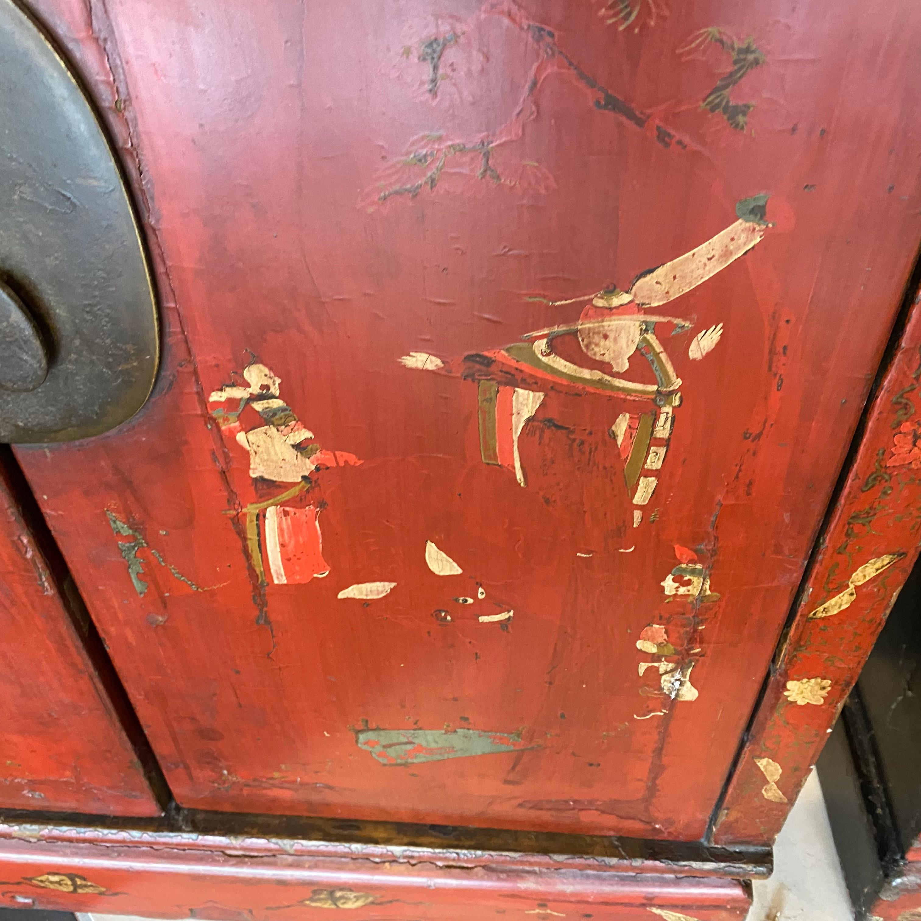 Pair of Chinese Red Lacquered Chinoiserie fronts Cabinets/Chest In Good Condition In Sarasota, FL