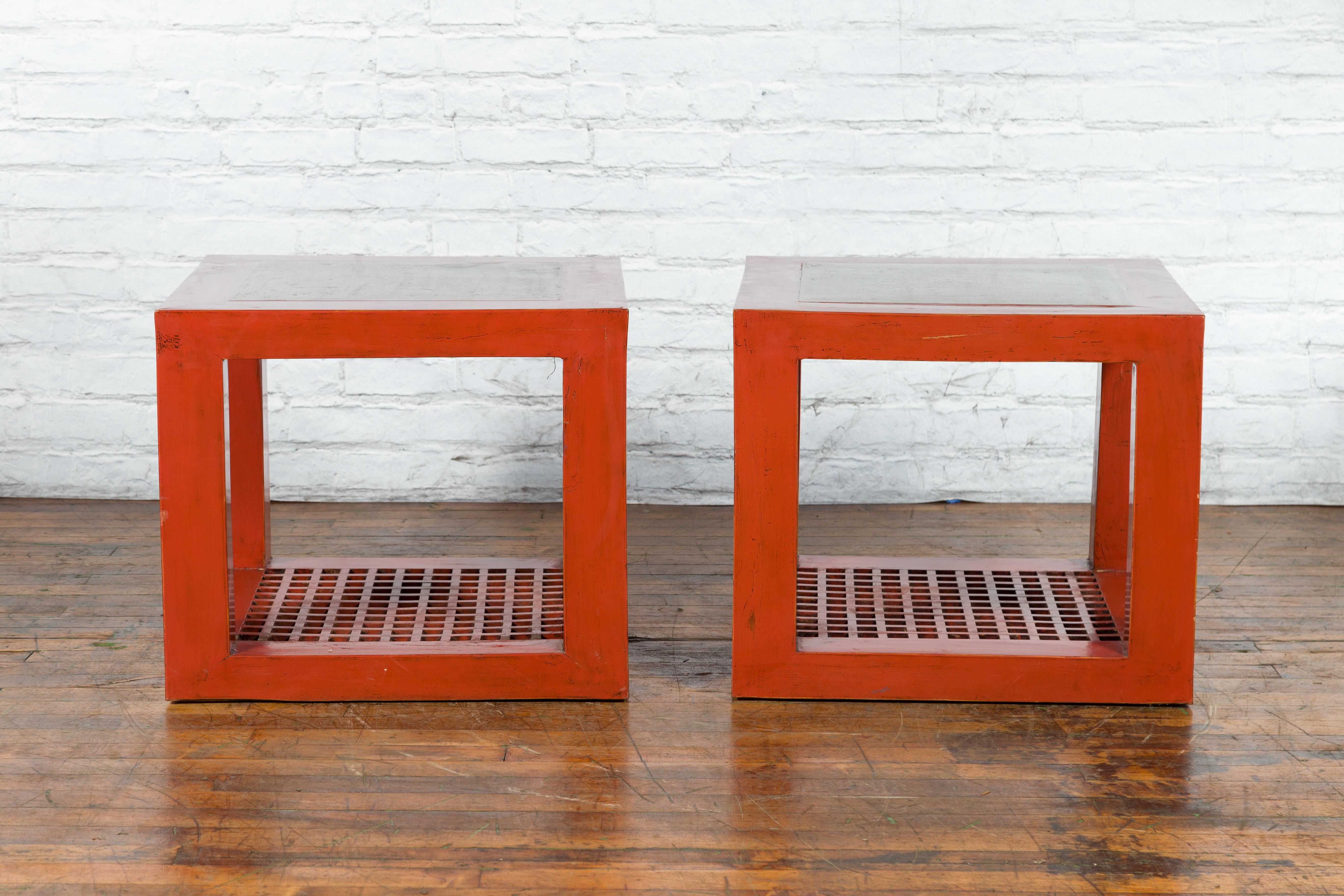 Pair of Chinese Red Lacquered Cube Side Tables with Ming Dynasty Marble Tops For Sale 7