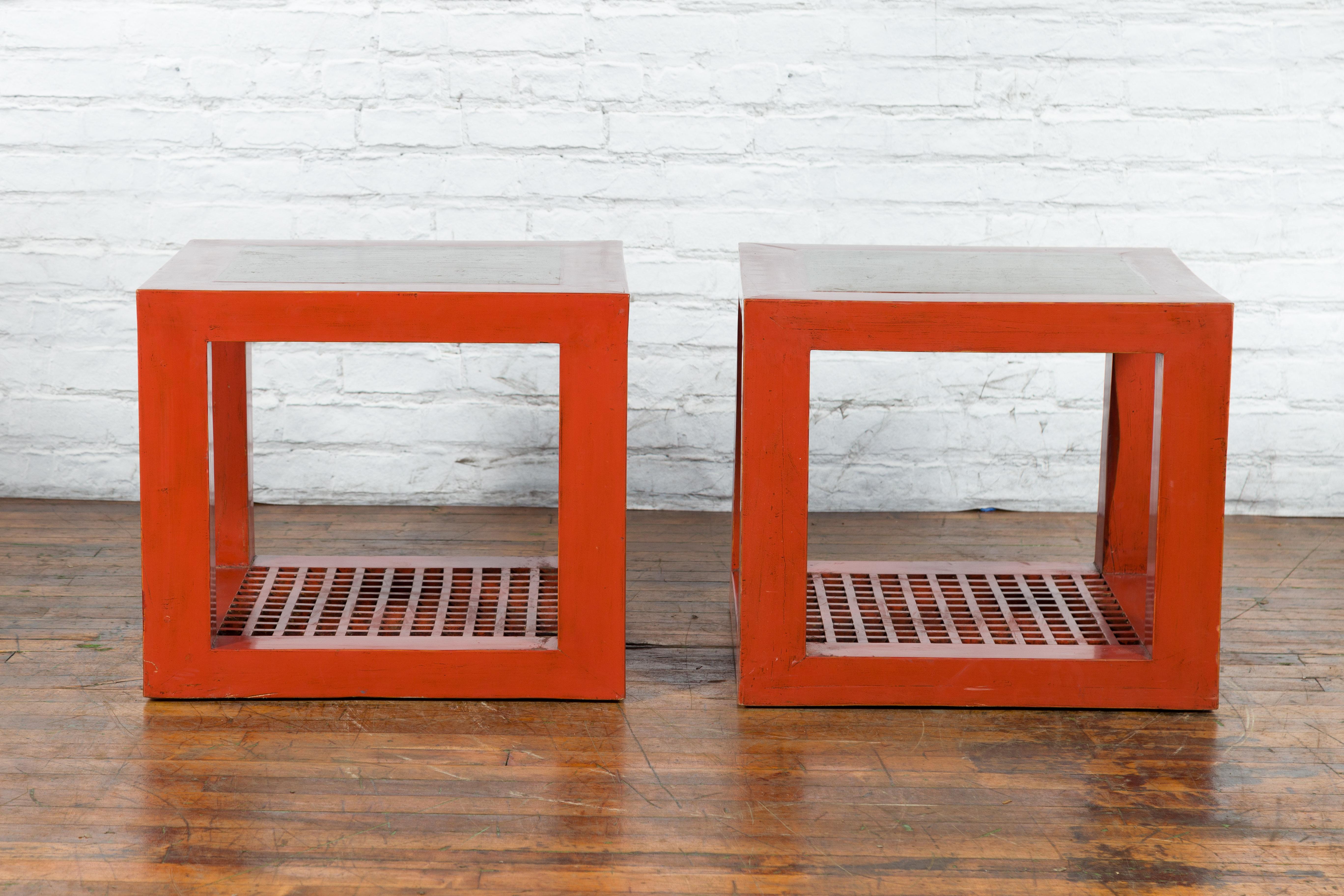 Pair of Chinese Red Lacquered Cube Side Tables with Ming Dynasty Marble Tops For Sale 8