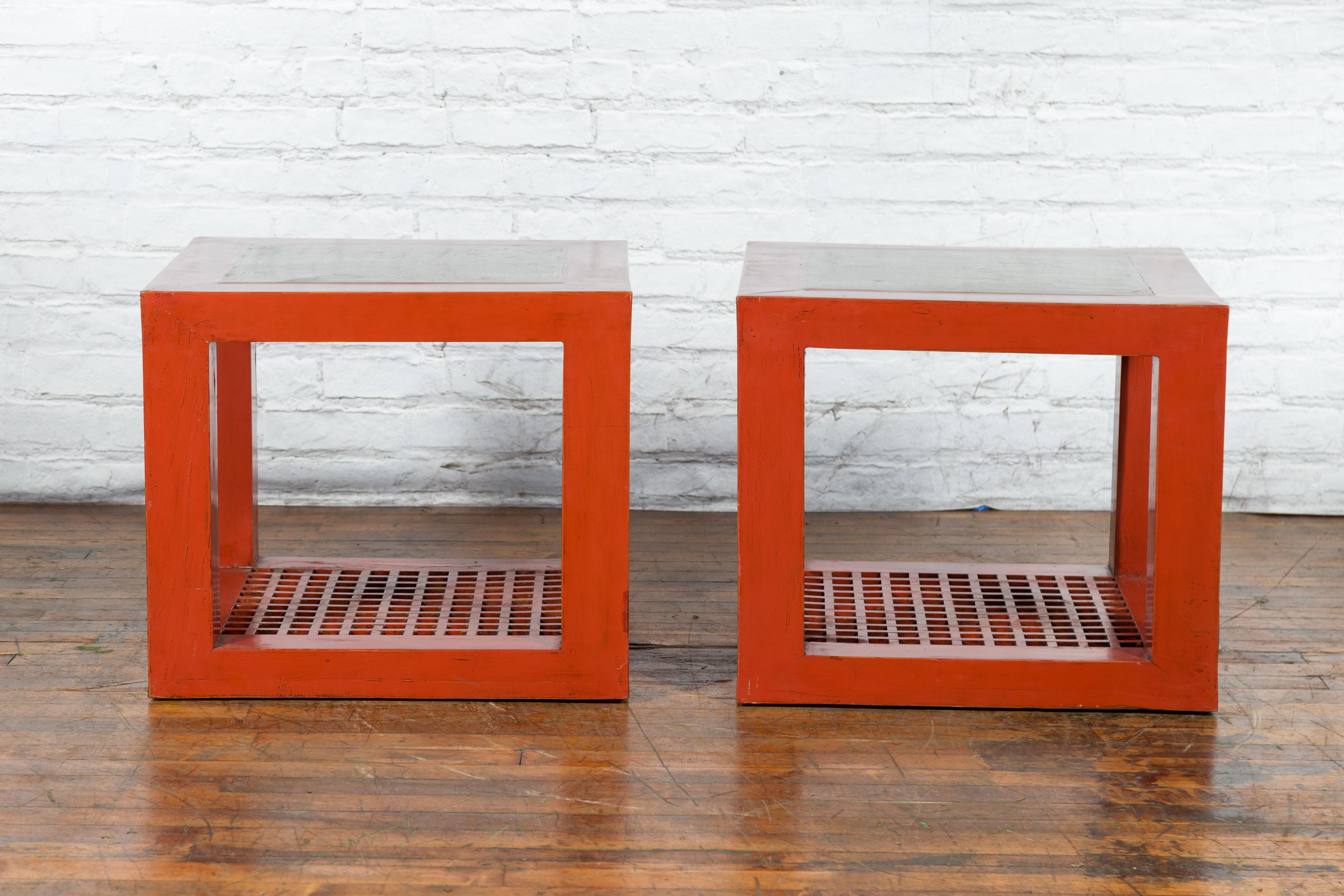 Pair of Chinese Red Lacquered Cube Side Tables with Ming Dynasty Marble Tops For Sale 9