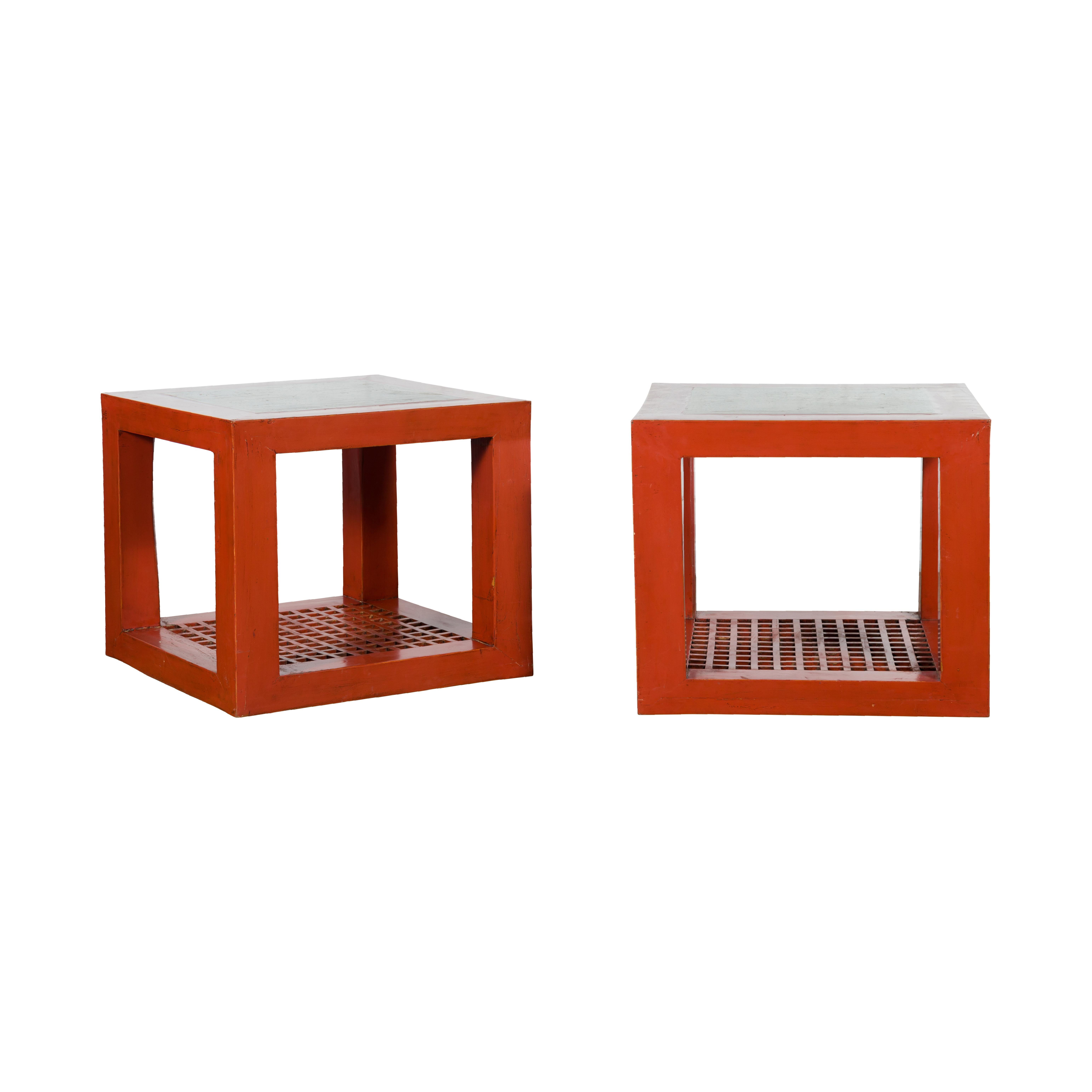 Pair of Red Lacquered Cube Side Tables with Ming Dynasty Marble Tops For Sale 9