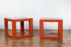 Pair of Red Lacquered Cube Side Tables with Ming Dynasty Marble Tops