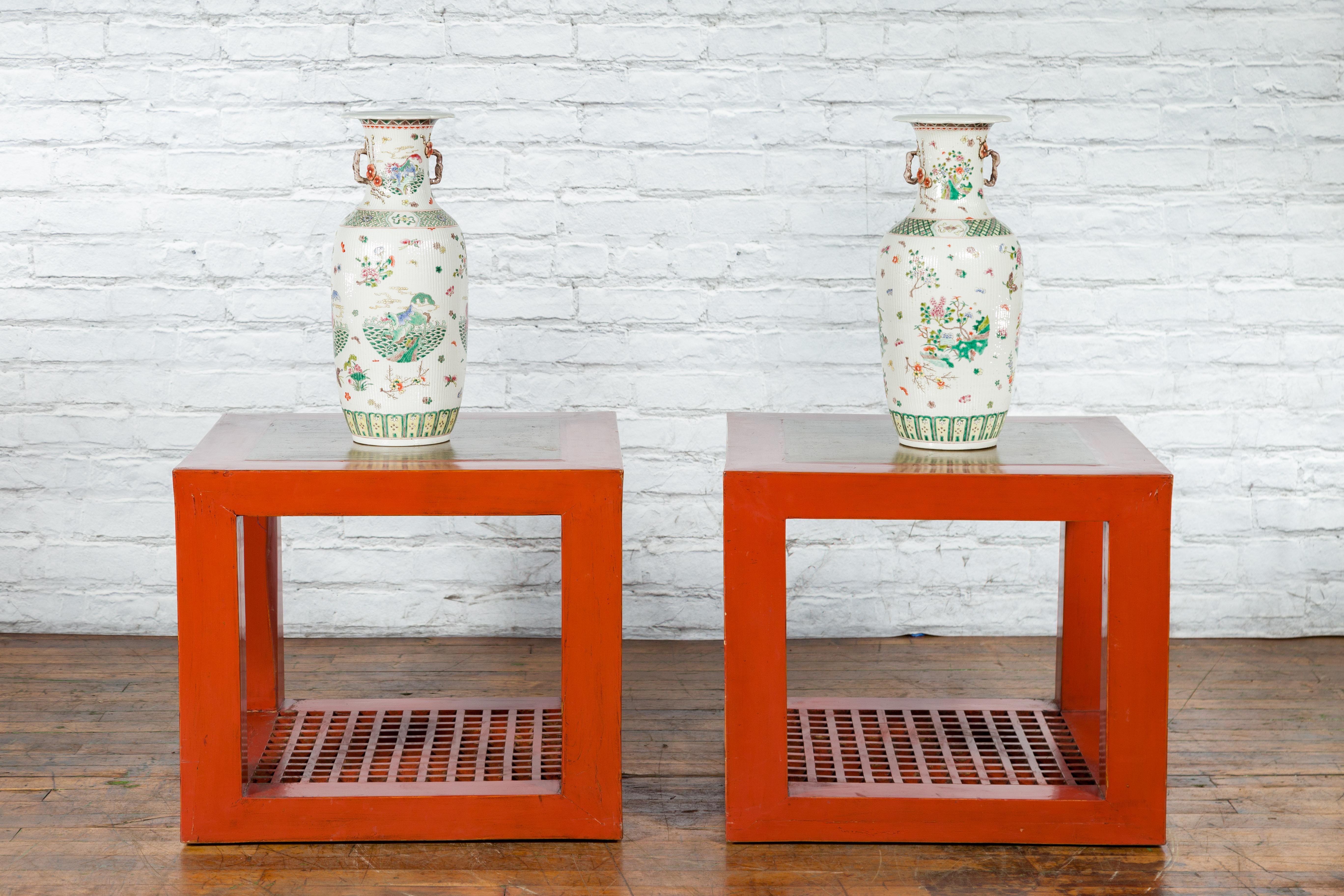 Mid-Century Modern Pair of Chinese Red Lacquered Cube Side Tables with Ming Dynasty Marble Tops For Sale