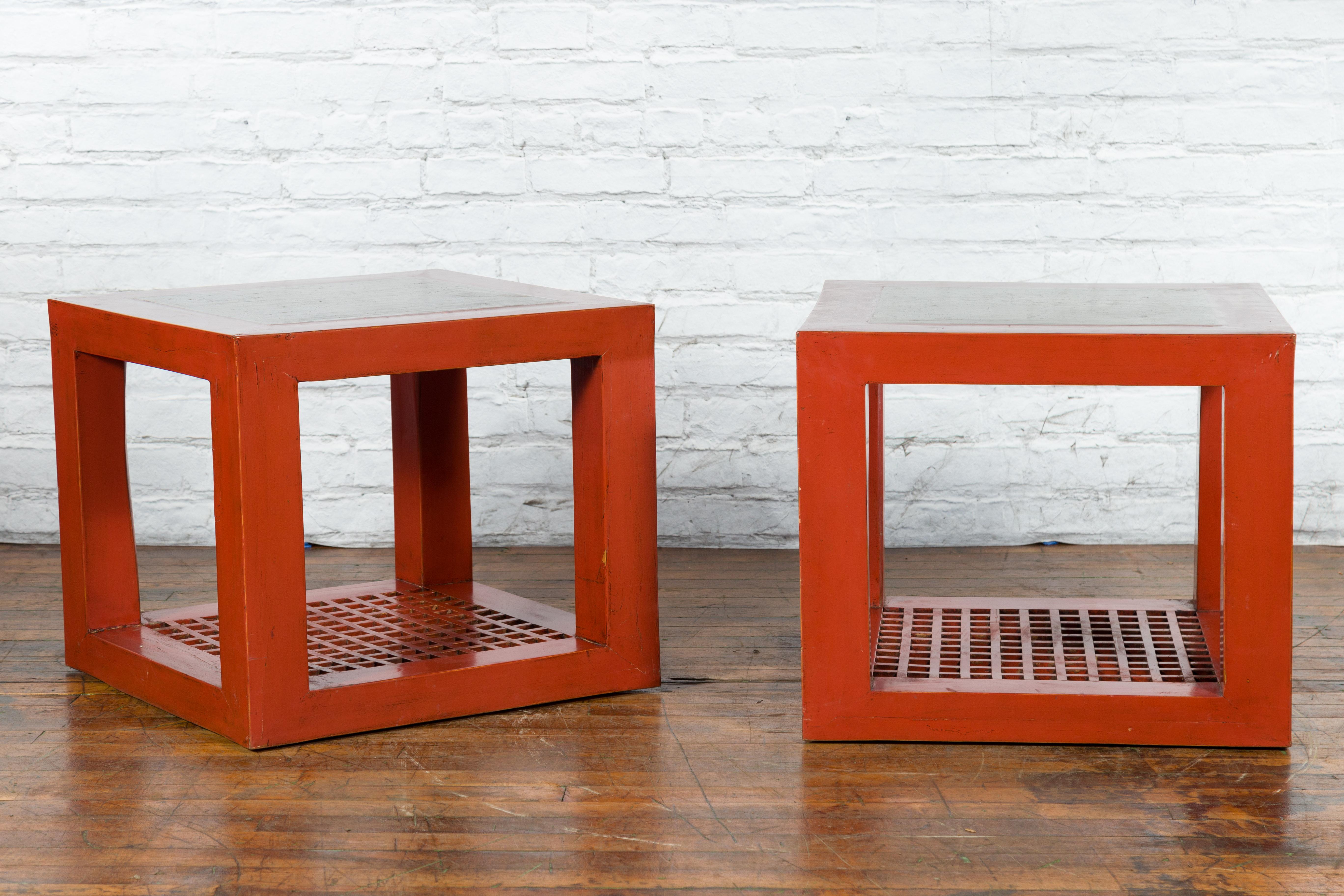 Chinese Pair of Red Lacquered Cube Side Tables with Ming Dynasty Marble Tops For Sale