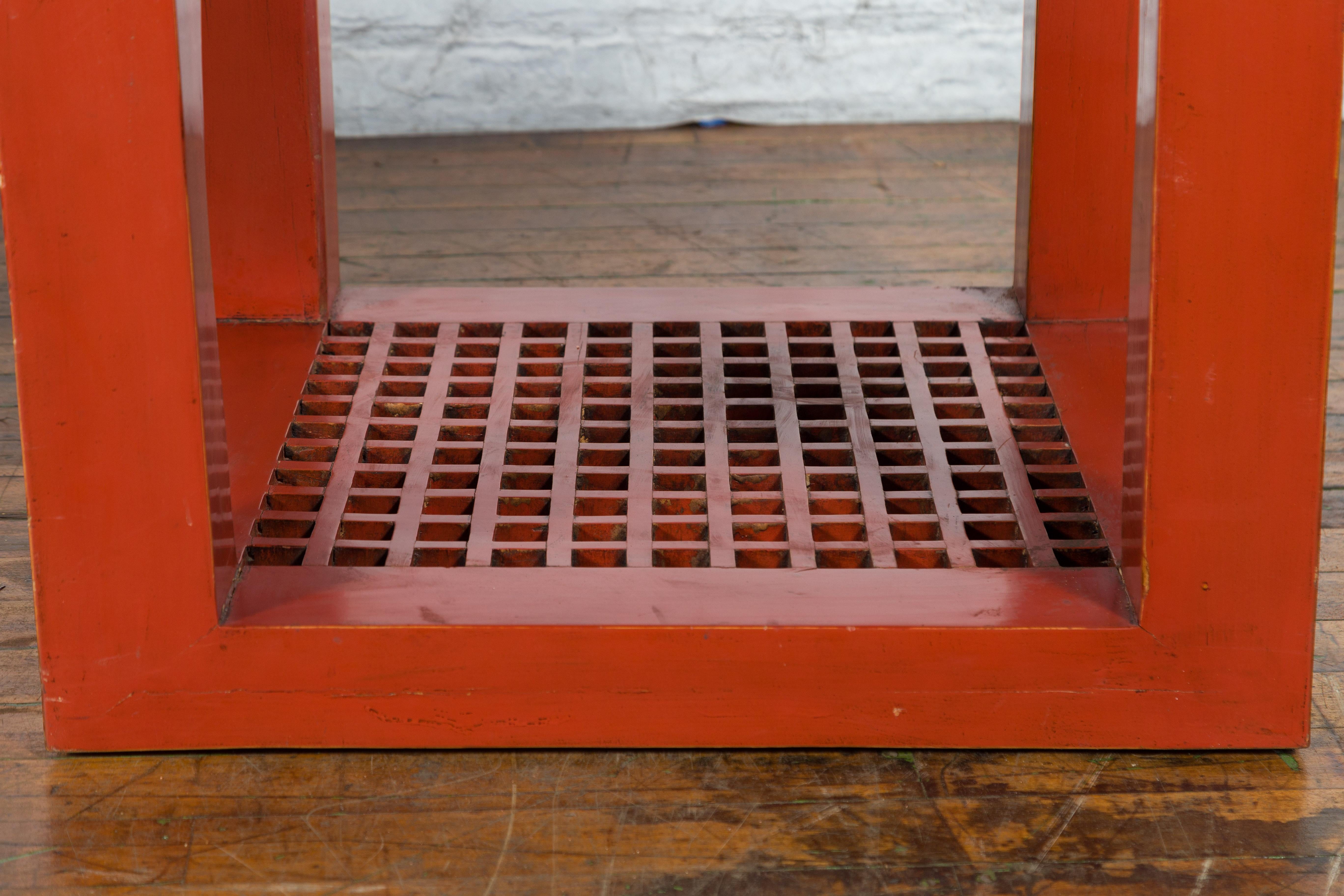 Pair of Chinese Red Lacquered Cube Side Tables with Ming Dynasty Marble Tops For Sale 1