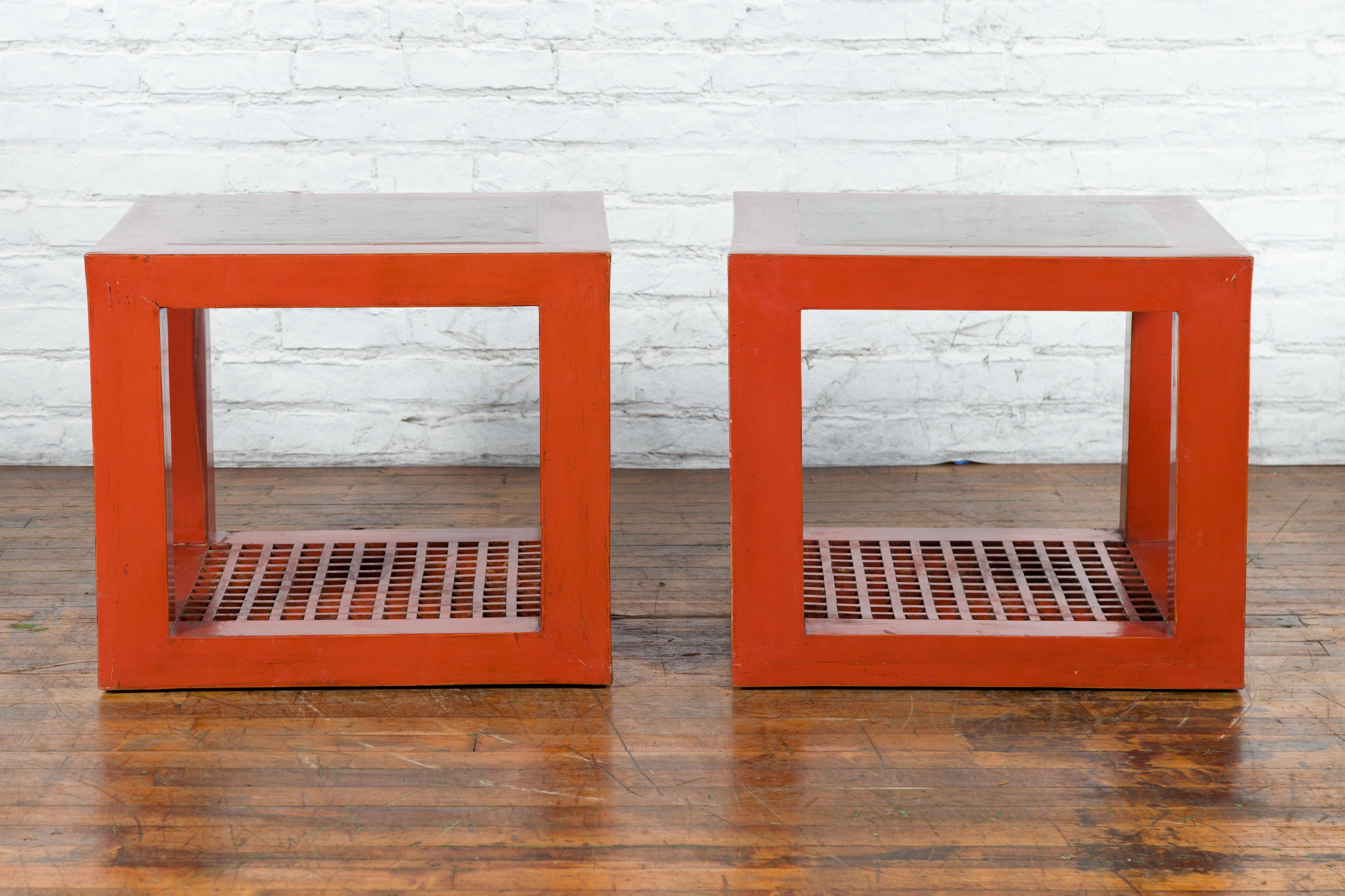 Pair of Chinese Red Lacquered Cube Side Tables with Ming Dynasty Marble Tops For Sale 2