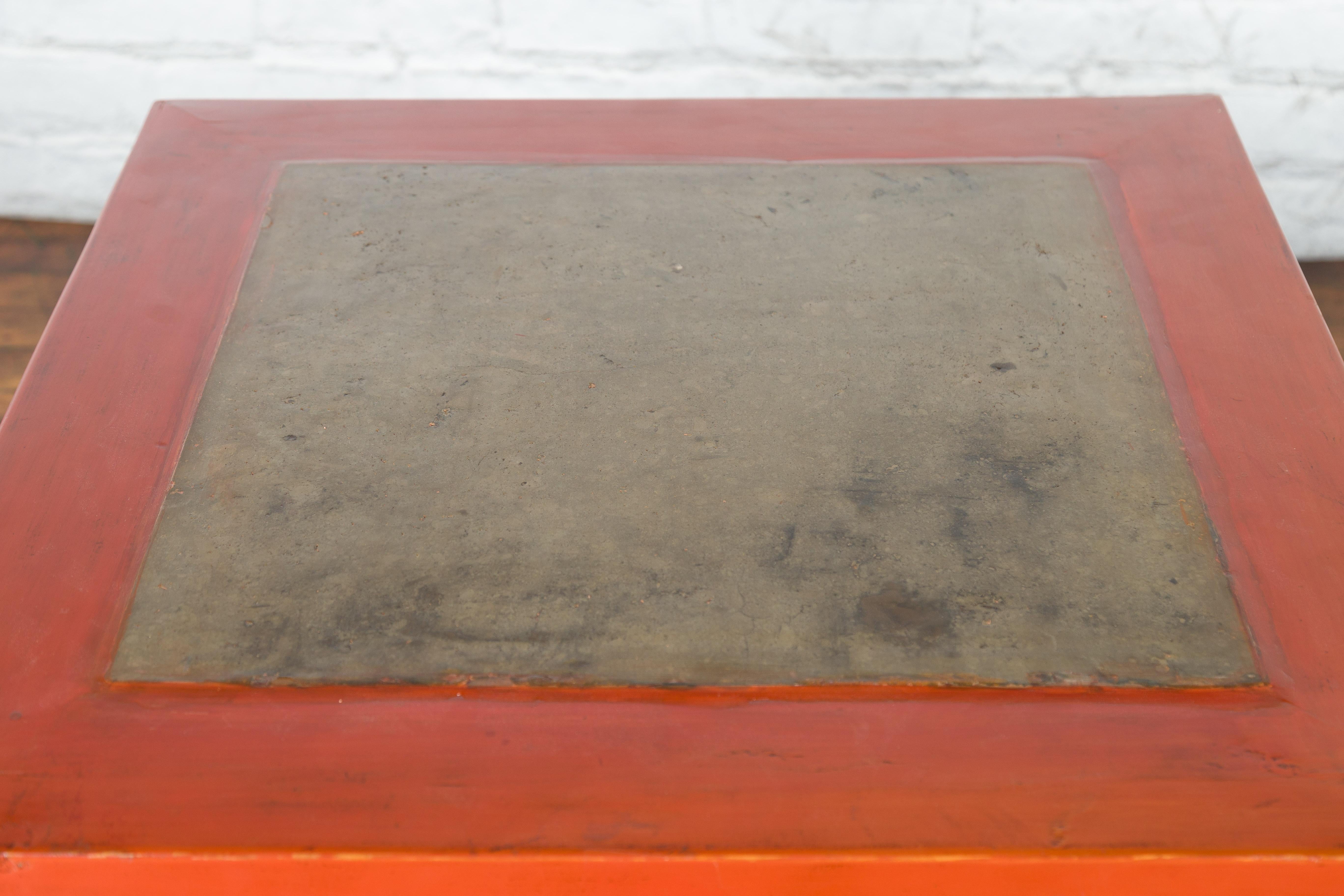 Pair of Red Lacquered Cube Side Tables with Ming Dynasty Marble Tops For Sale 2
