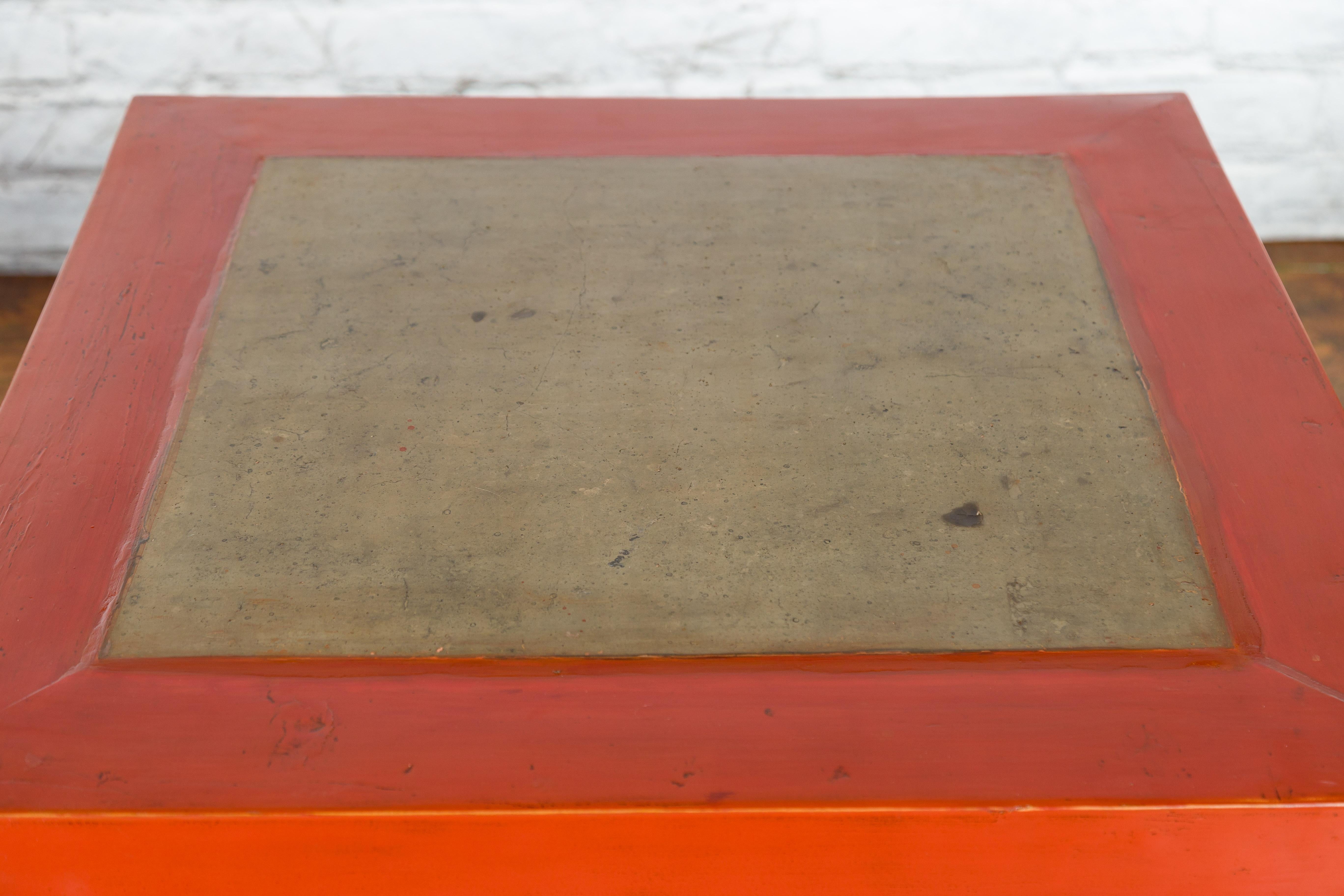 Pair of Red Lacquered Cube Side Tables with Ming Dynasty Marble Tops For Sale 3
