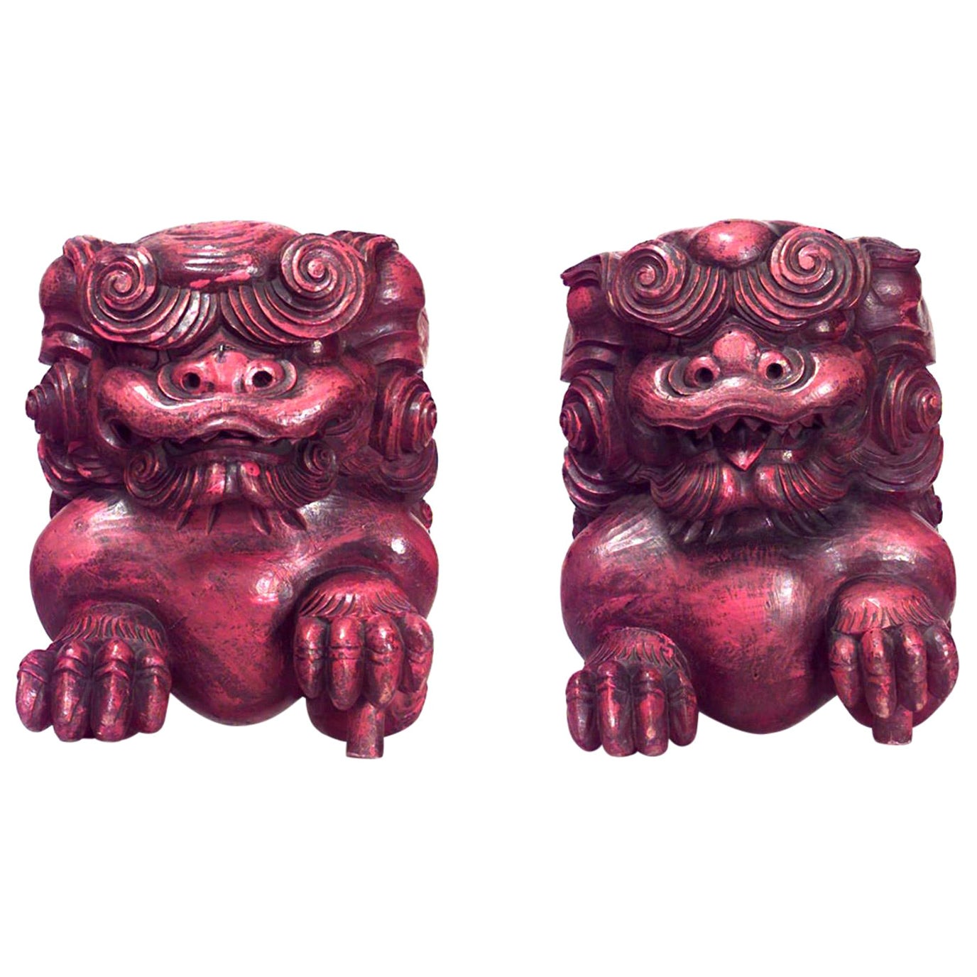 Pair of Chinese Red Lacquered Foo Dogs in vendita