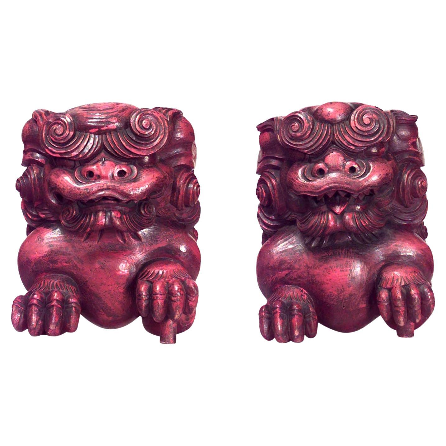 Pair of Chinese Red Lacquered Foo Dogs For Sale