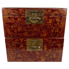 Pair of Chinese Red Lacquered Leather Trunks