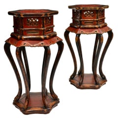 Pair of Chinese Red Lacquered Wood Pedestals