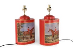 Pair of Chinese Red Tole Equestrian Themed Table Lamps