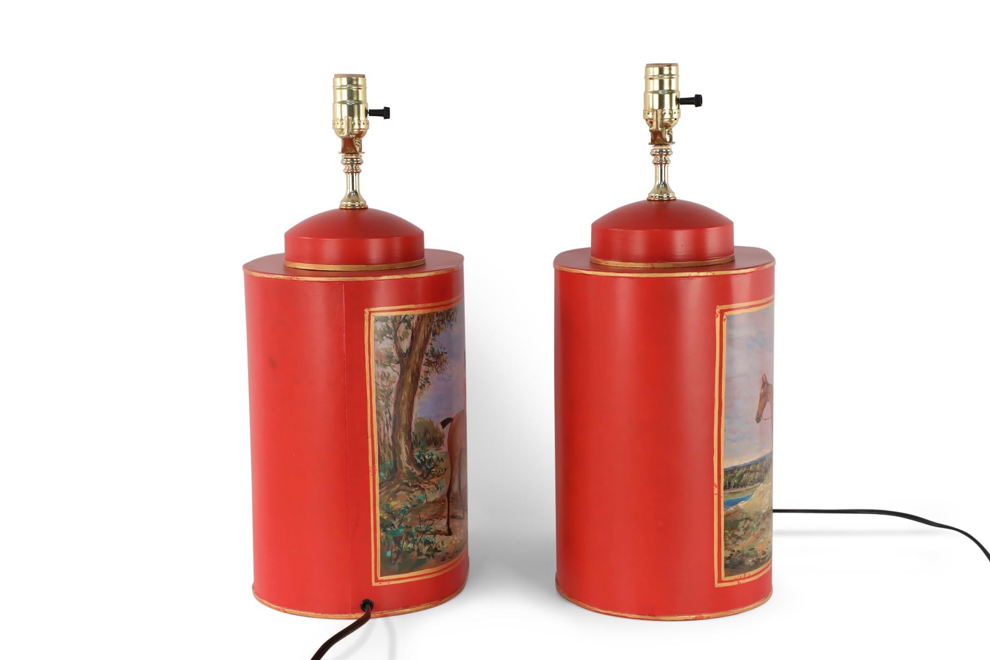 Regency Pair of Chinese Red Tole Equestrian Themed Table Lamps For Sale