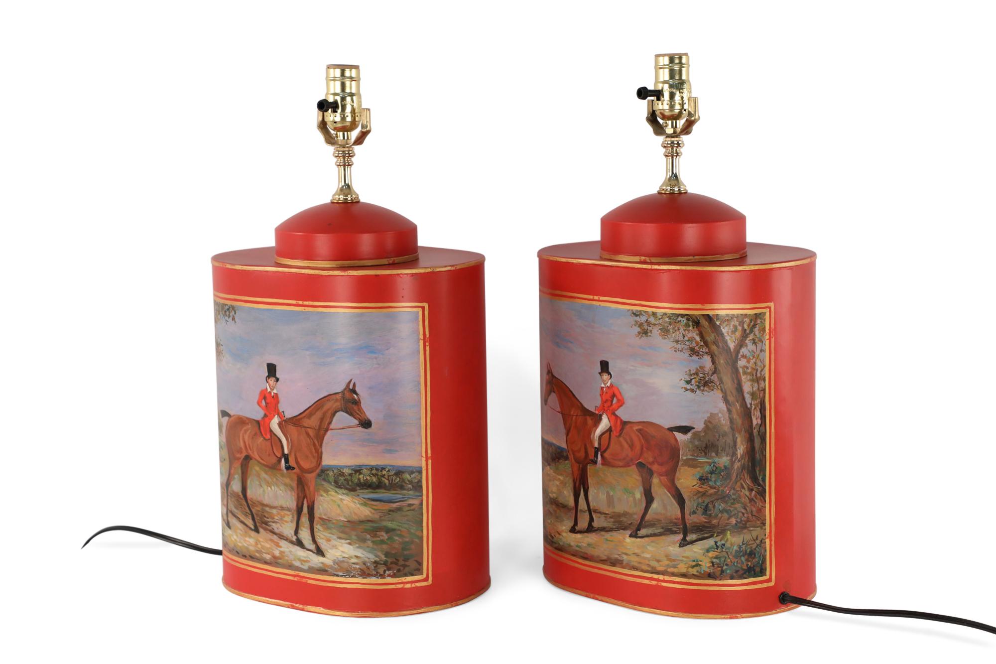 Pair of Chinese Red Tole Equestrian Themed Table Lamps In Good Condition For Sale In New York, NY
