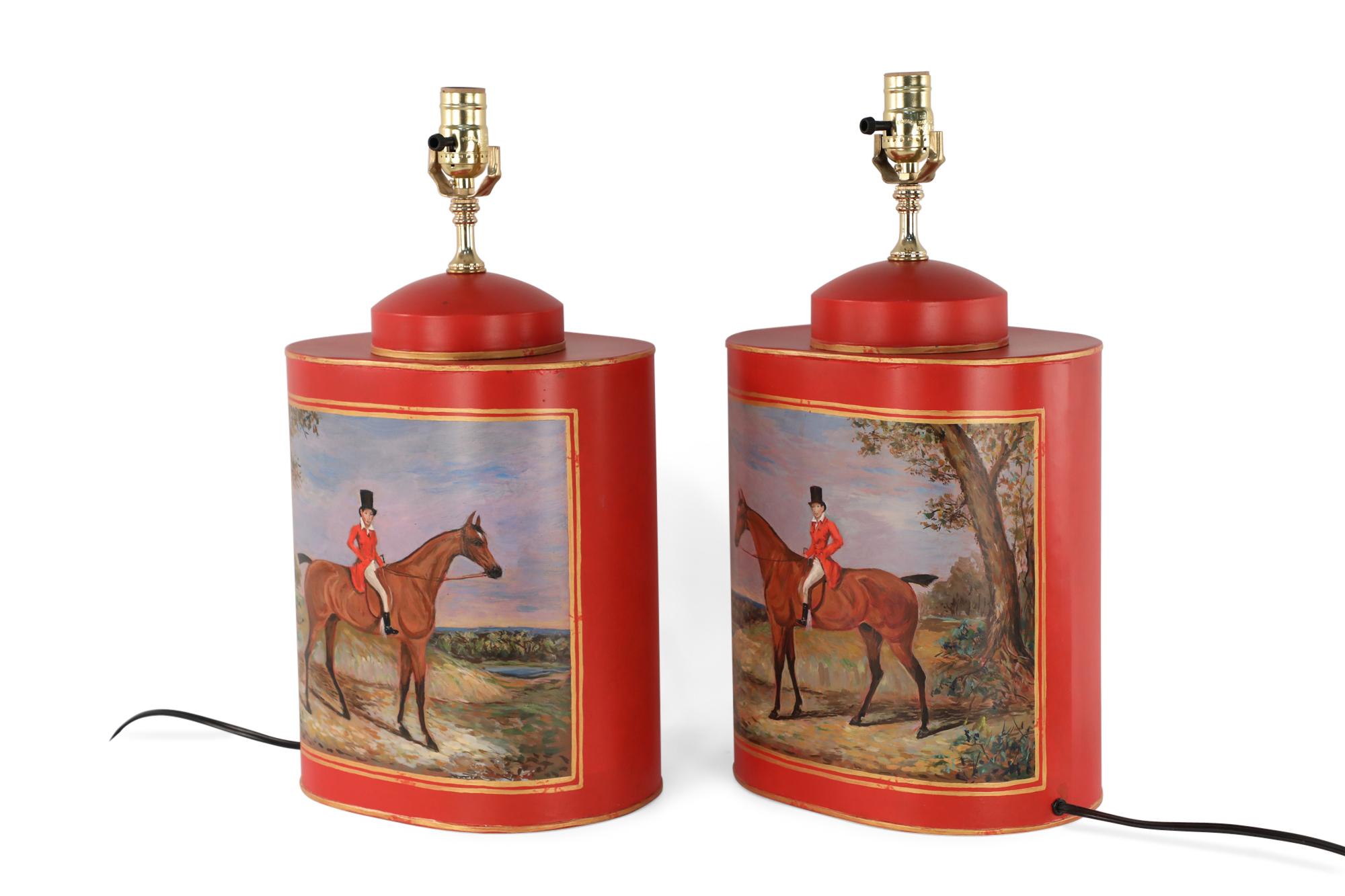Pair of Chinese Red Tole Equestrian Themed Table Lamps In Good Condition For Sale In Queens, NY
