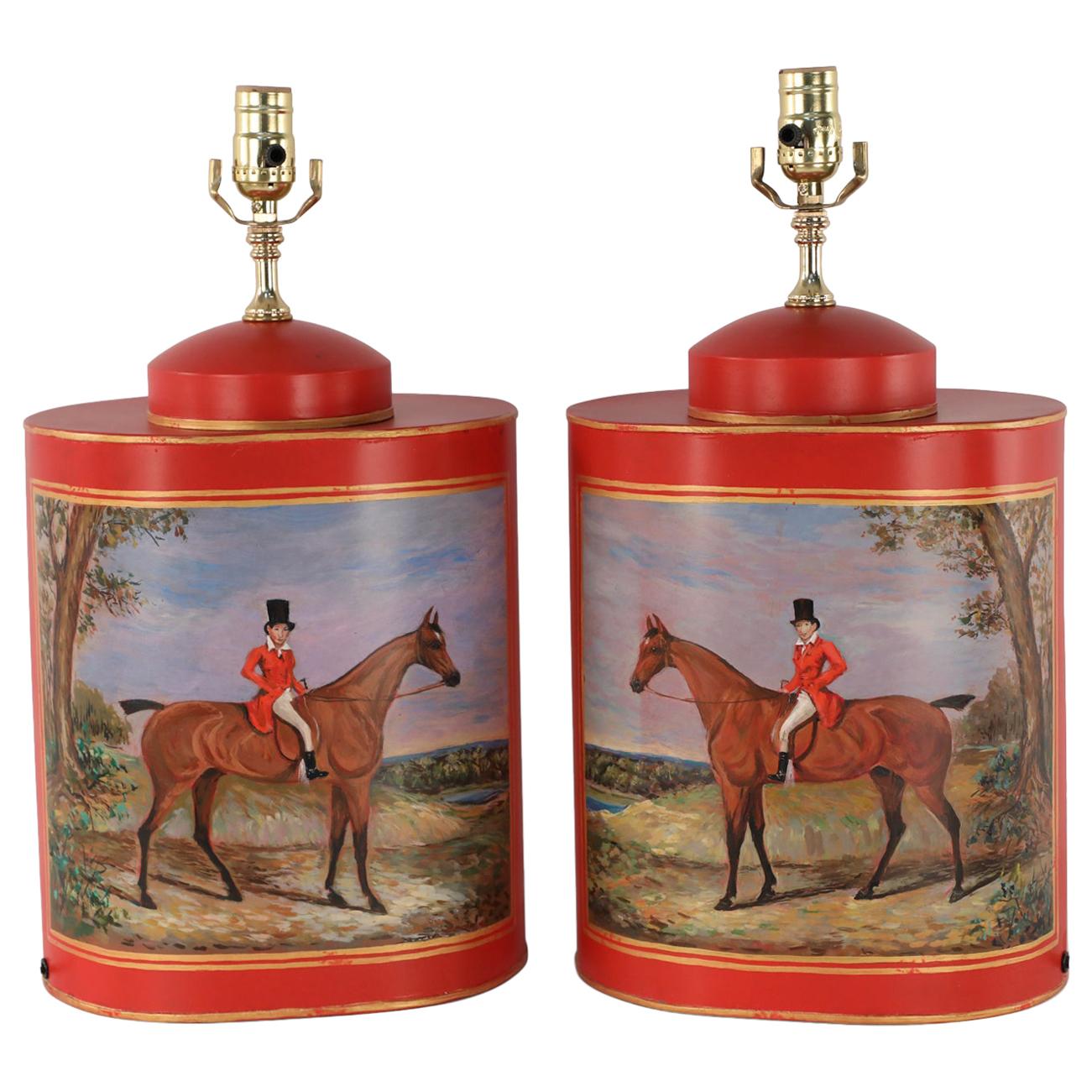 Pair of Chinese Red Tole Equestrian Themed Table Lamps For Sale