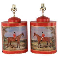 Pair of Chinese Red Tole Equestrian Themed Table Lamps