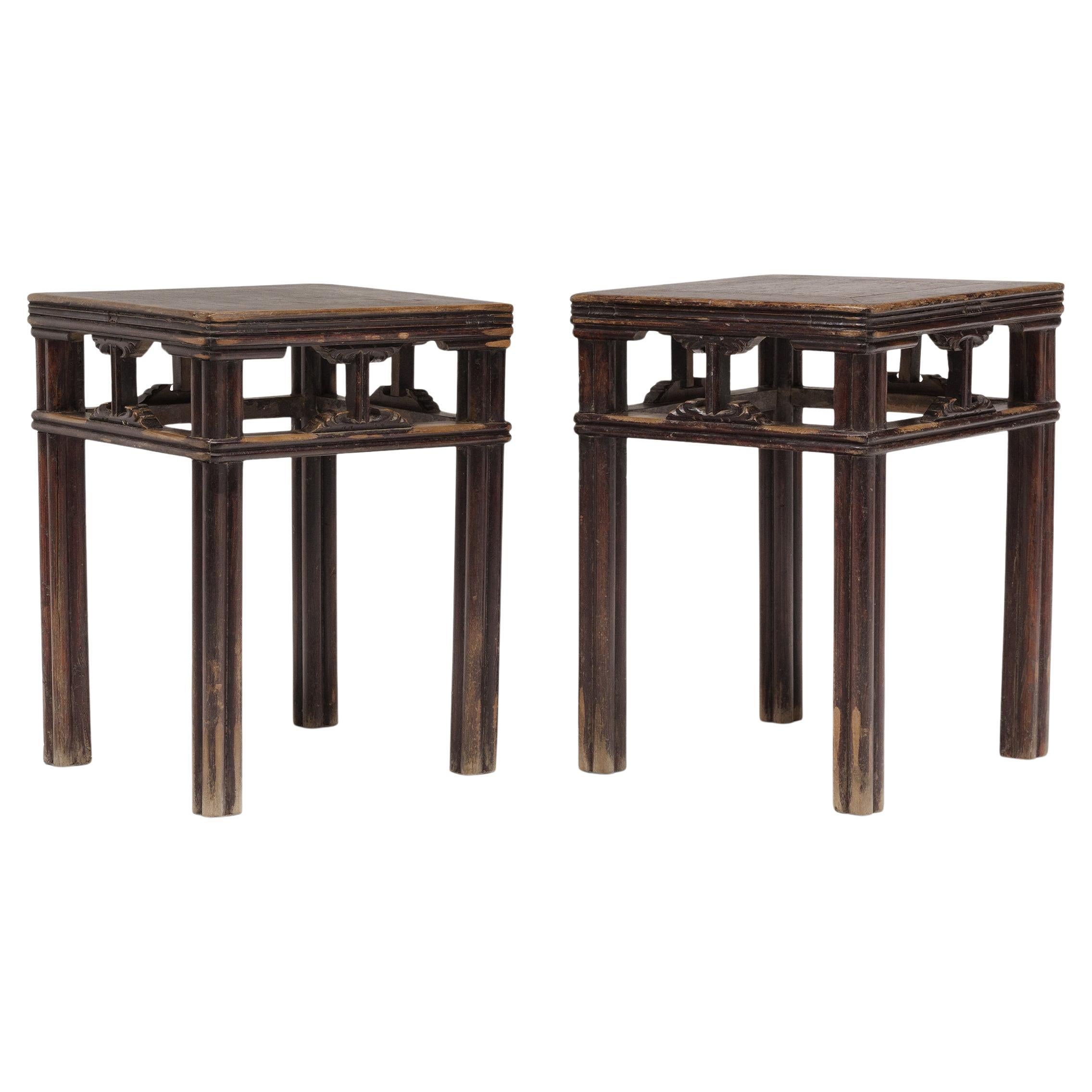 Pair of Chinese Reeded Fang Deng Stools, c. 1850