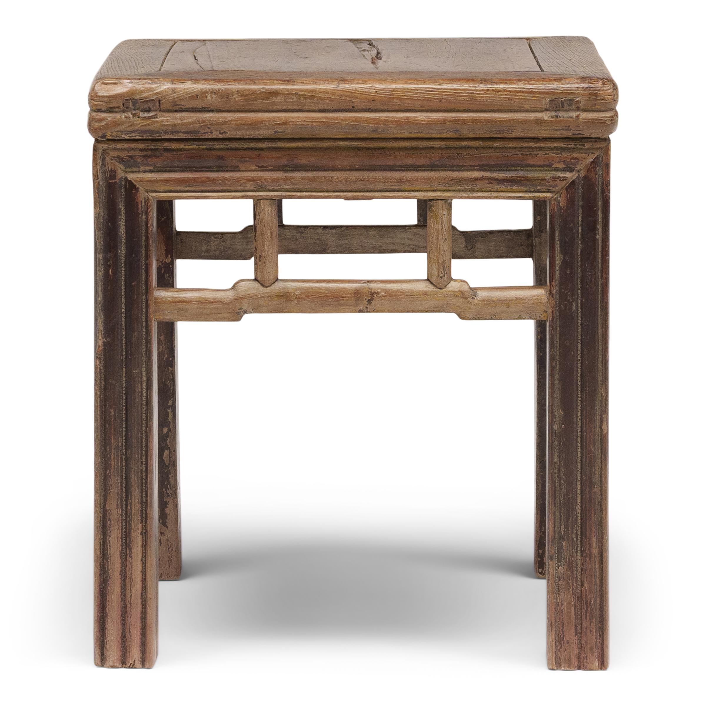 More portable than heavy chairs, stools have been a favored form of seating in Chinese culture for centuries and were used indoors and out at mealtimes and during social gatherings. This type of square stool is known as a fang deng, and doubles as a
