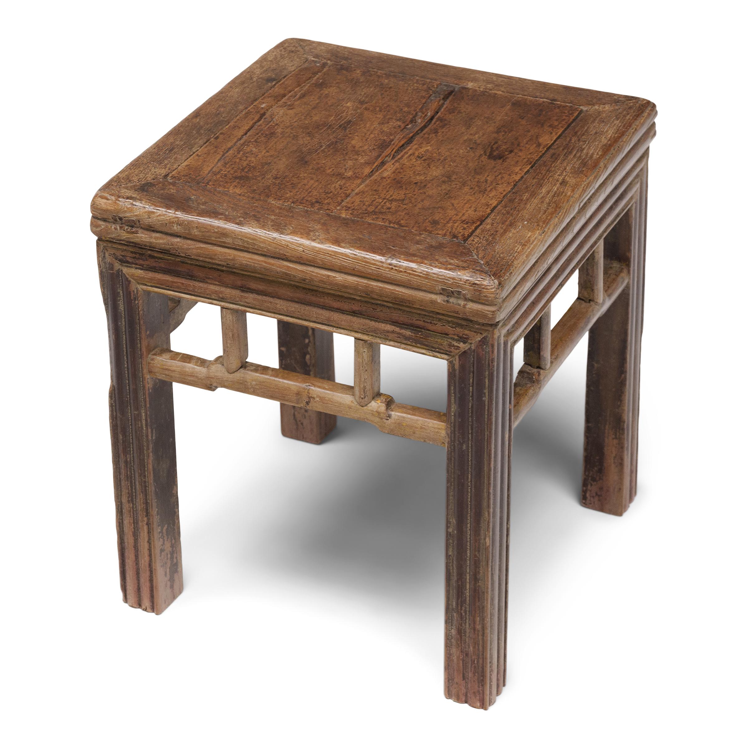 Qing Pair of Chinese Reeded Leg Square Stools, c. 1850 For Sale