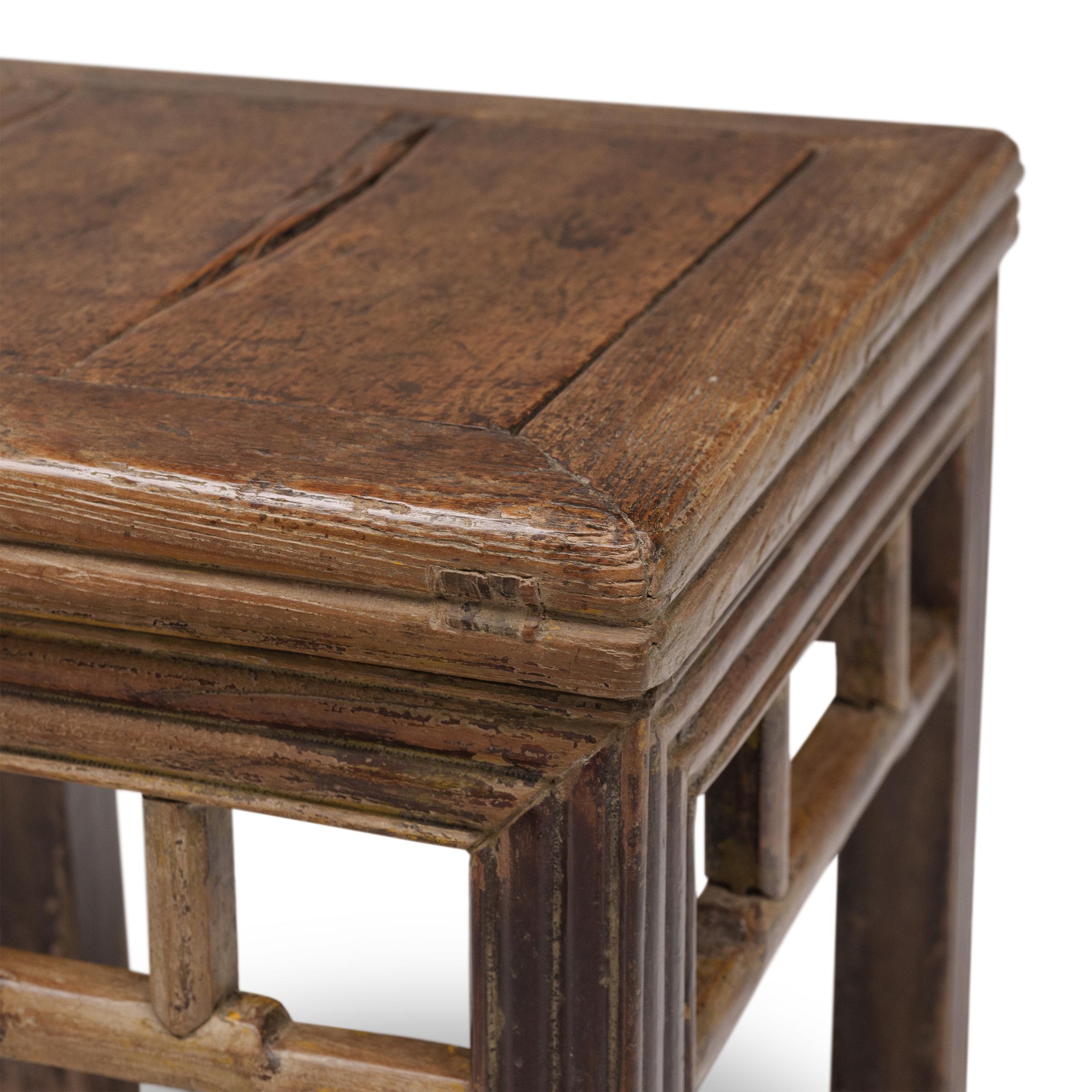 Carved Pair of Chinese Reeded Leg Square Stools, c. 1850 For Sale