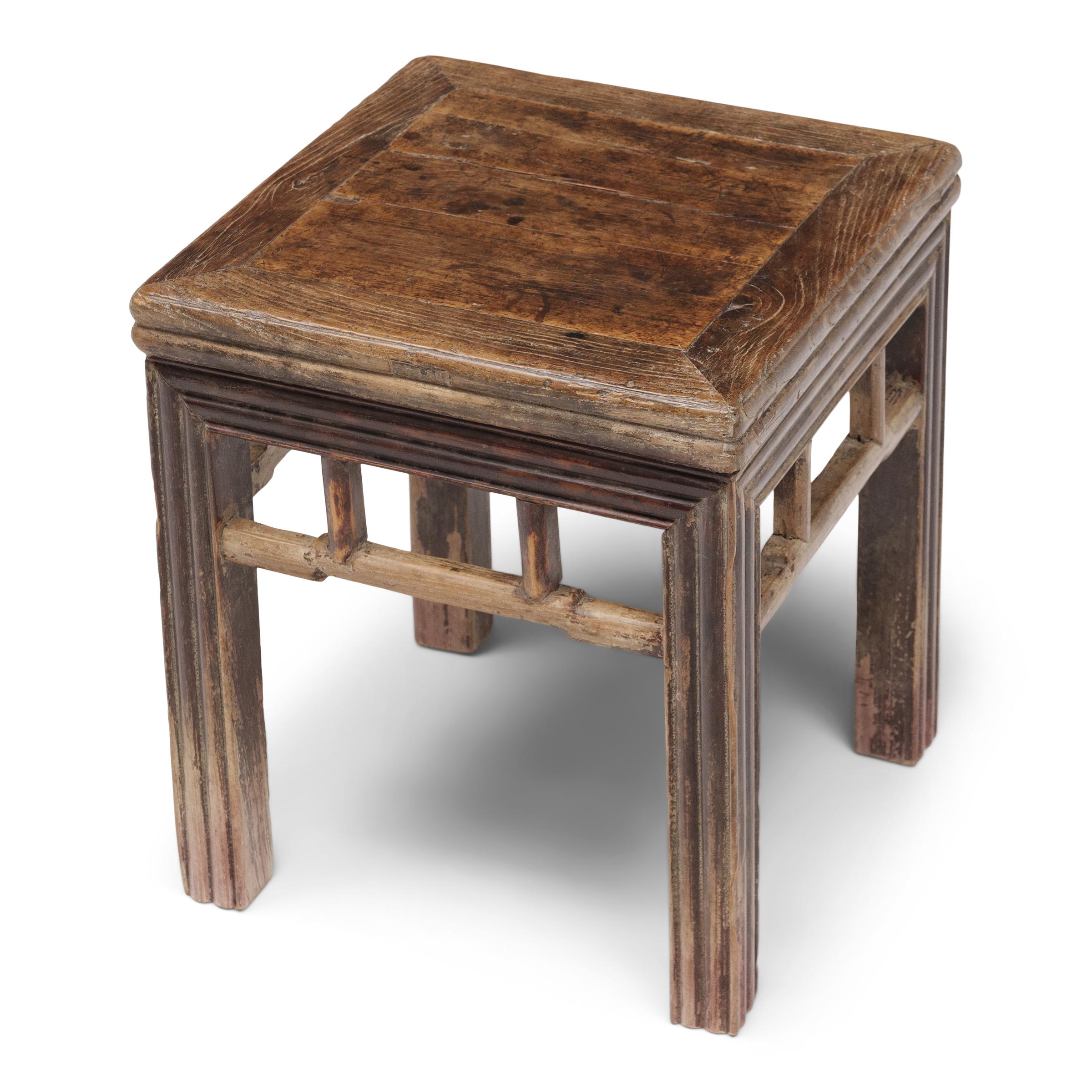 19th Century Pair of Chinese Reeded Leg Square Stools, c. 1850 For Sale