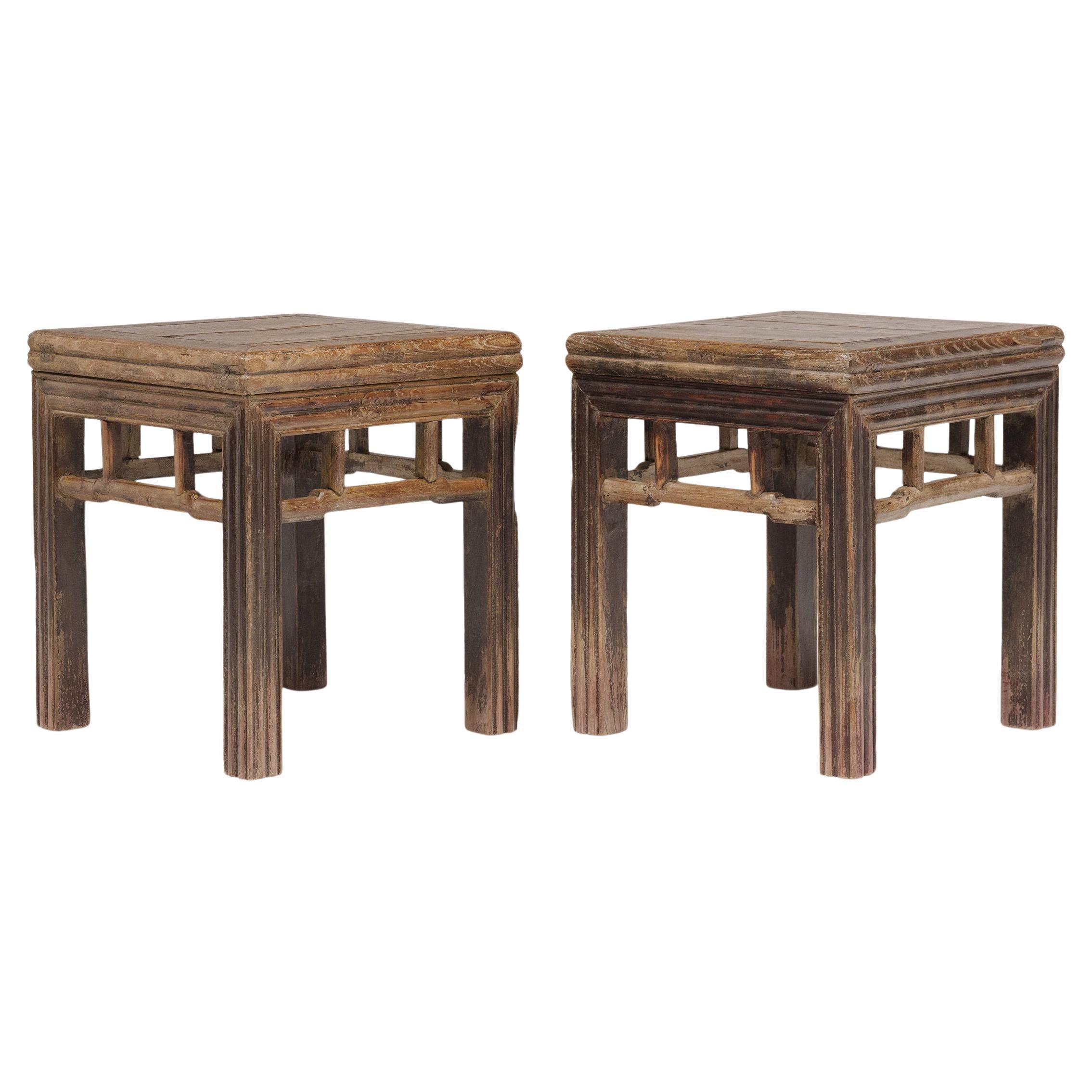 Pair of Chinese Reeded Leg Square Stools, c. 1850