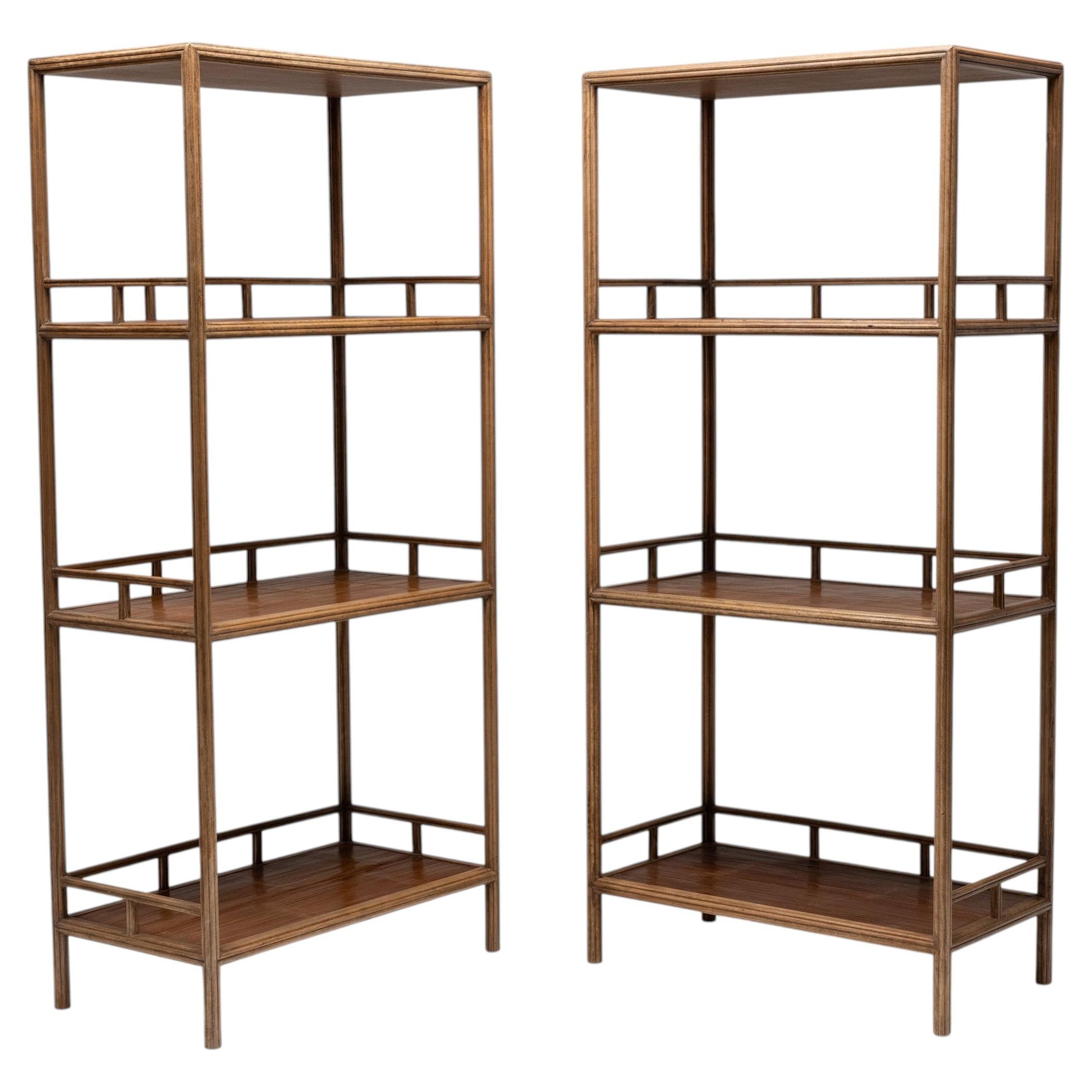 Pair of Chinese Reeded Golden Silk Shelves For Sale