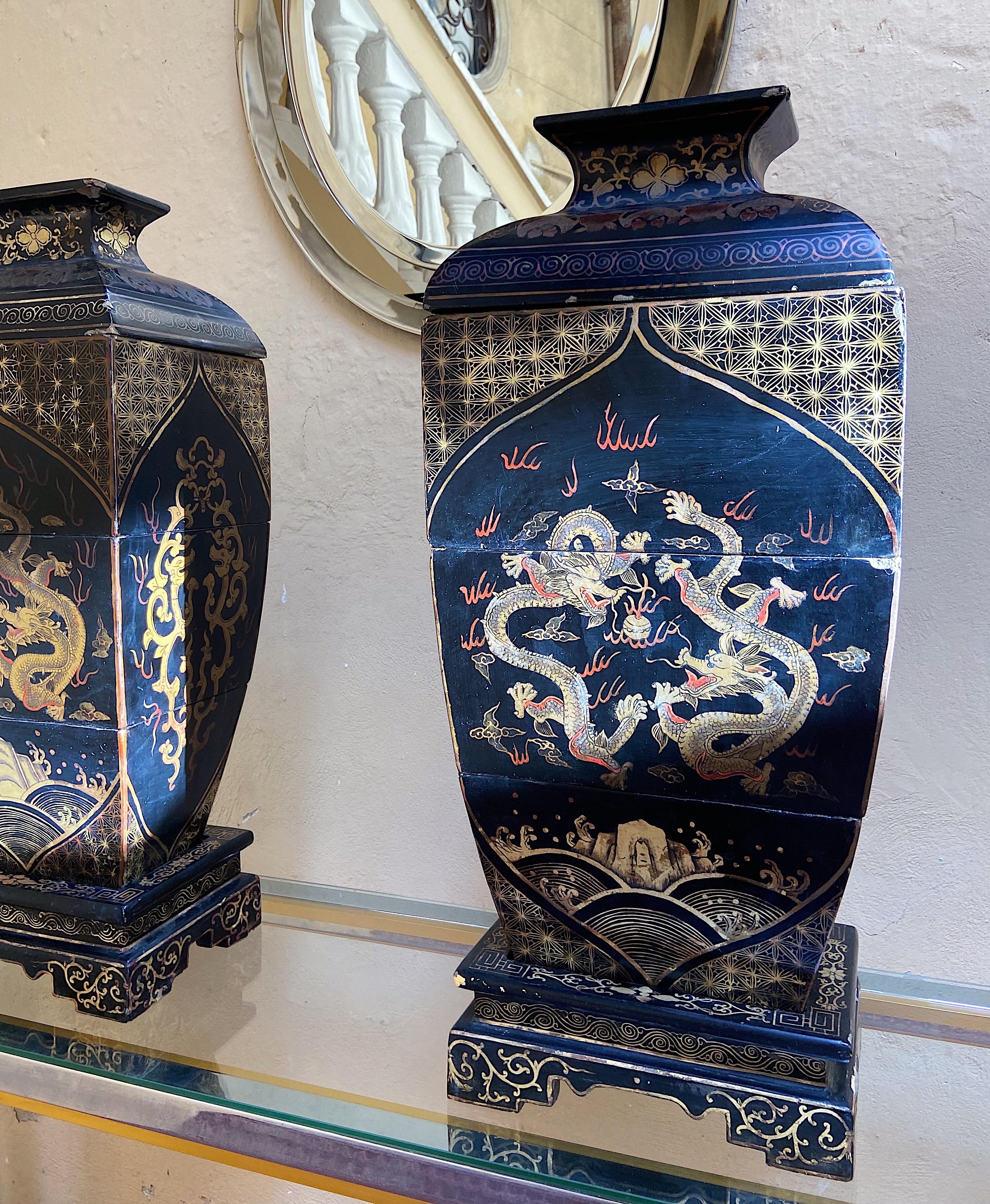 Wood Pair of Chinese Republic Era Stacking Lacquered Box Set with Dragons, 1920s For Sale