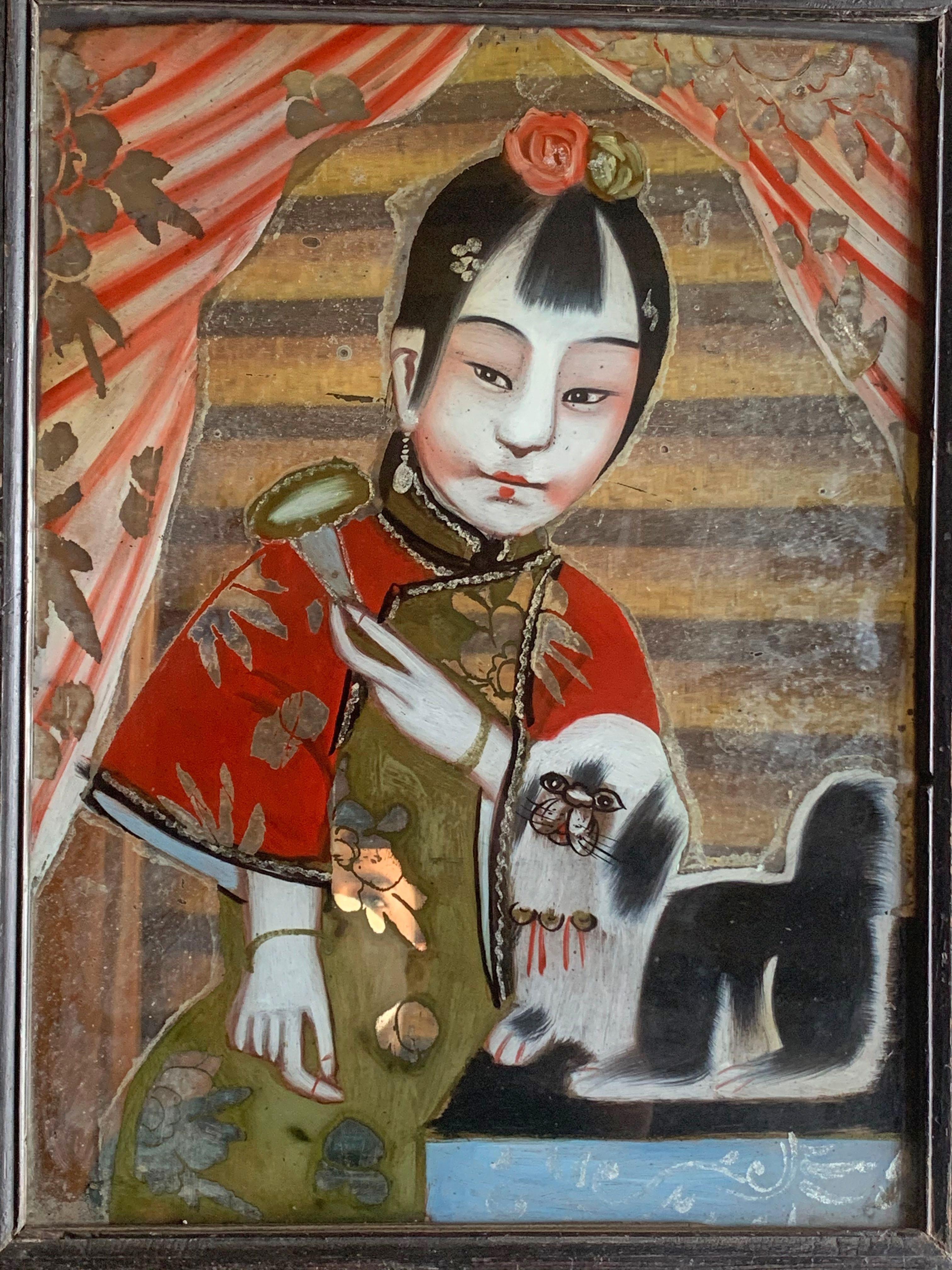 Chinois Paire de peintures chinoises en verre inversé, début du 20ème siècle en vente